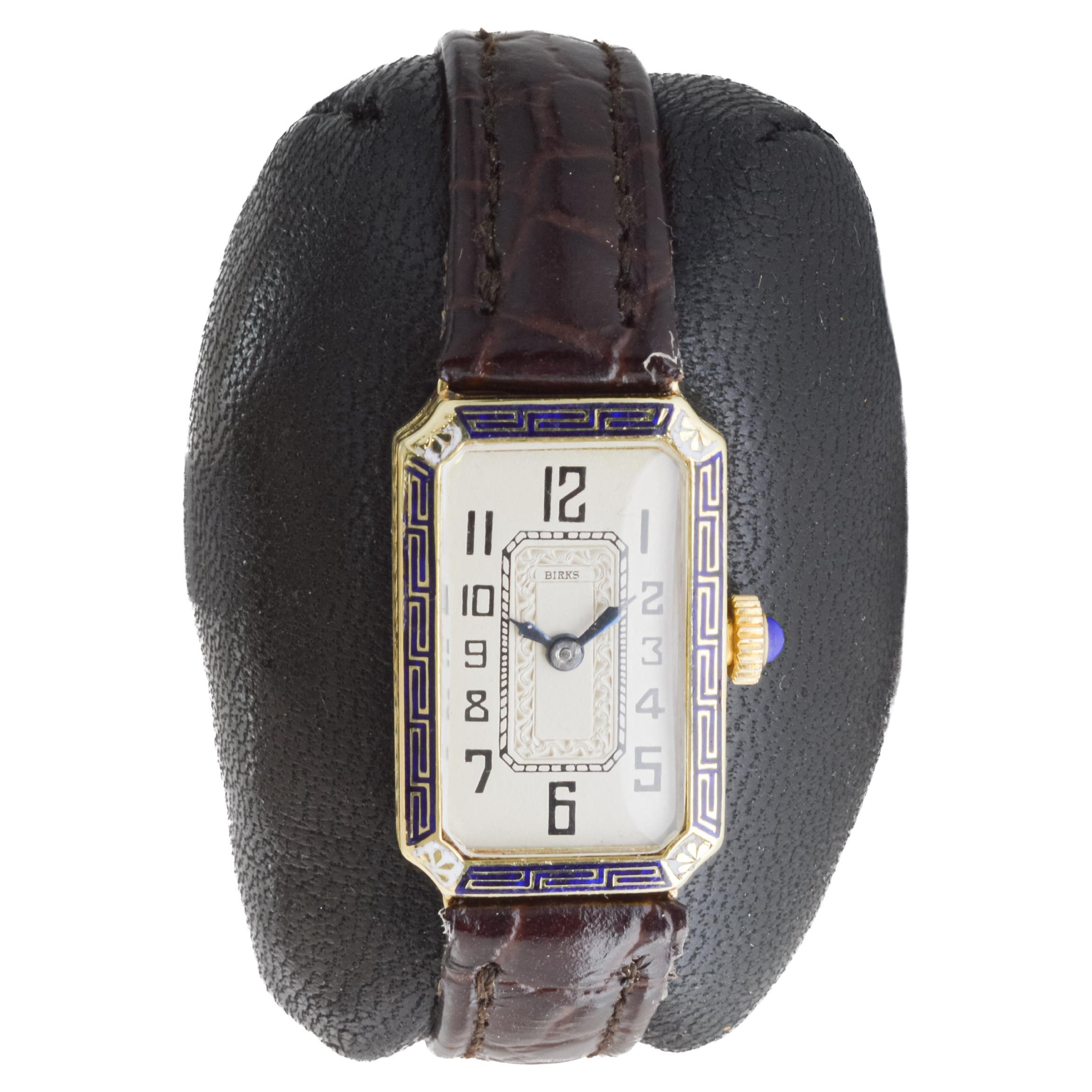 Women's Birks 14Kt Yellow Gold and Enamel Ladies Art Deco Watch circa 1930's