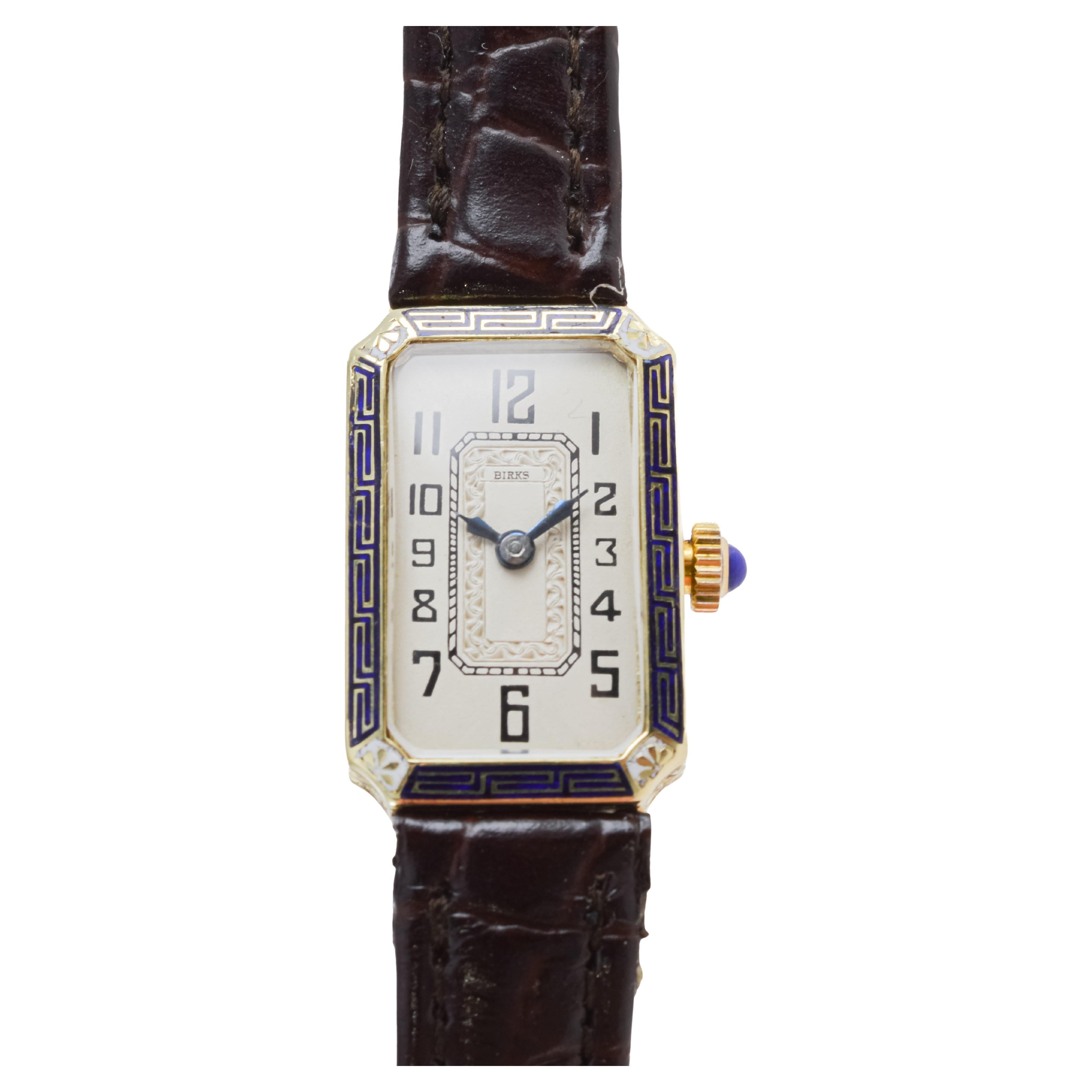 Birks 14Kt Yellow Gold and Enamel Ladies Art Deco Watch circa 1930's 2