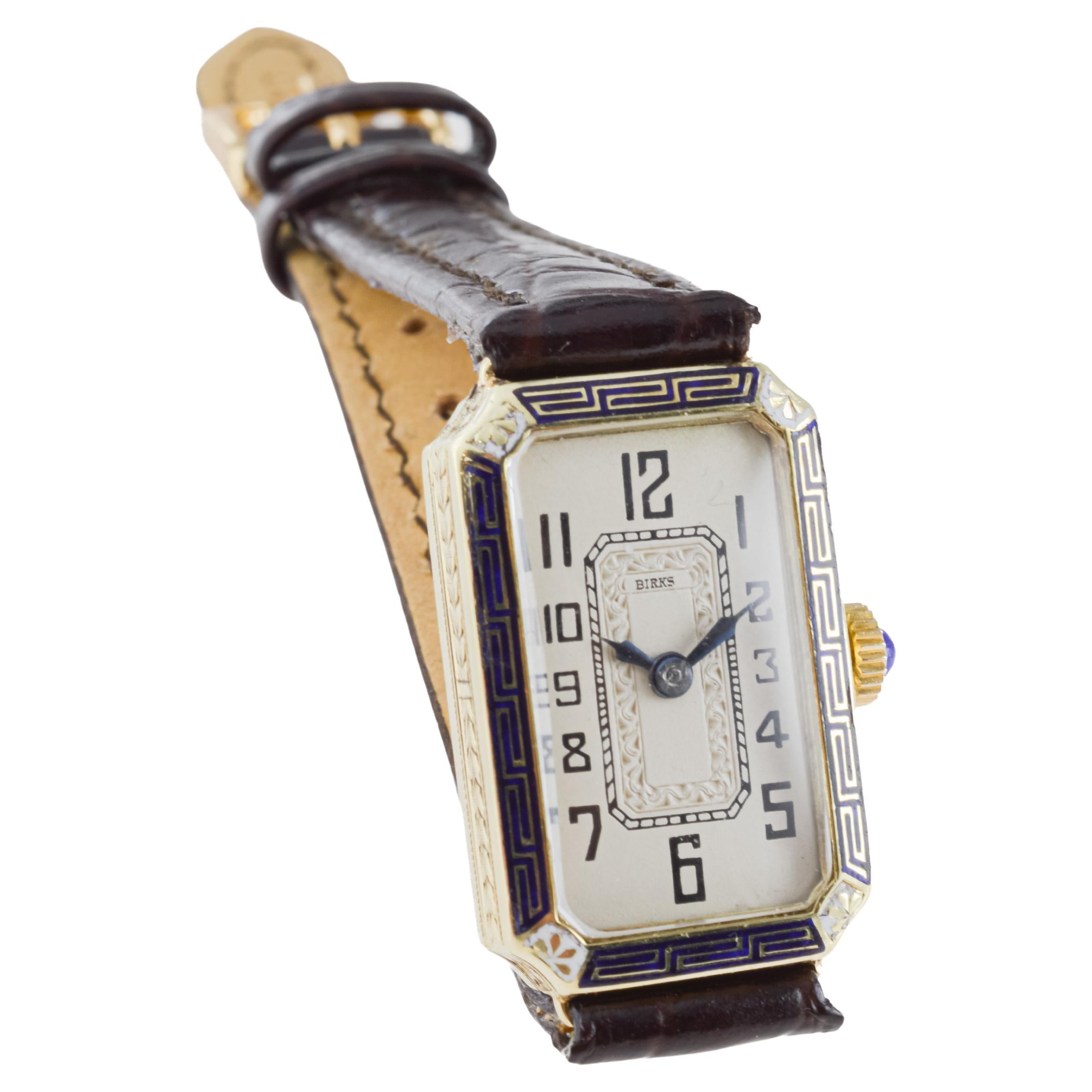 Birks 14Kt Yellow Gold and Enamel Ladies Art Deco Watch circa 1930's 4