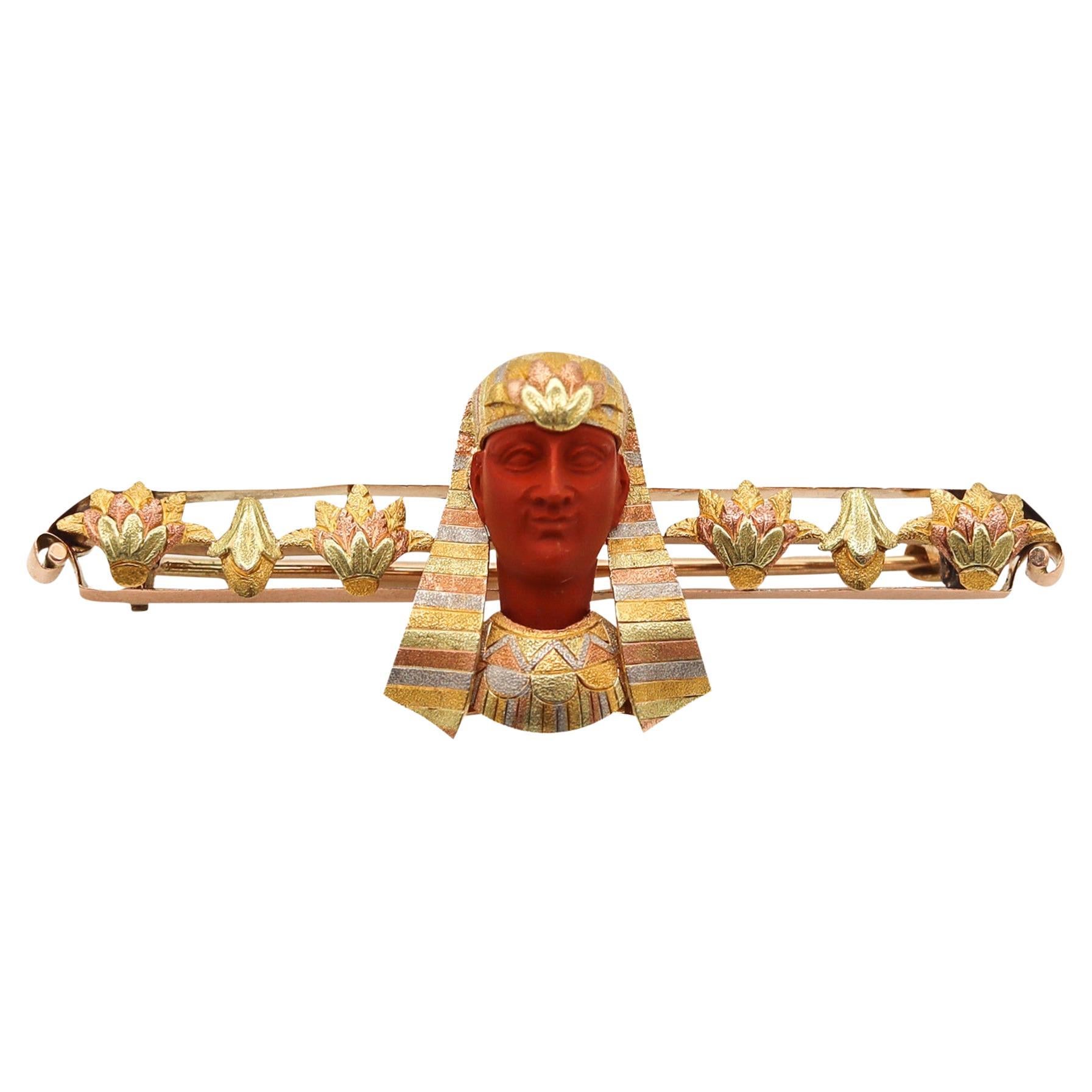 Birks 1890 Egyptian Revival Brooch 14K Gold With Pharaoh Bust Carved In Jasper For Sale