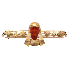 Antique Birks 1890 Egyptian Revival Brooch 14K Gold With Pharaoh Bust Carved In Jasper