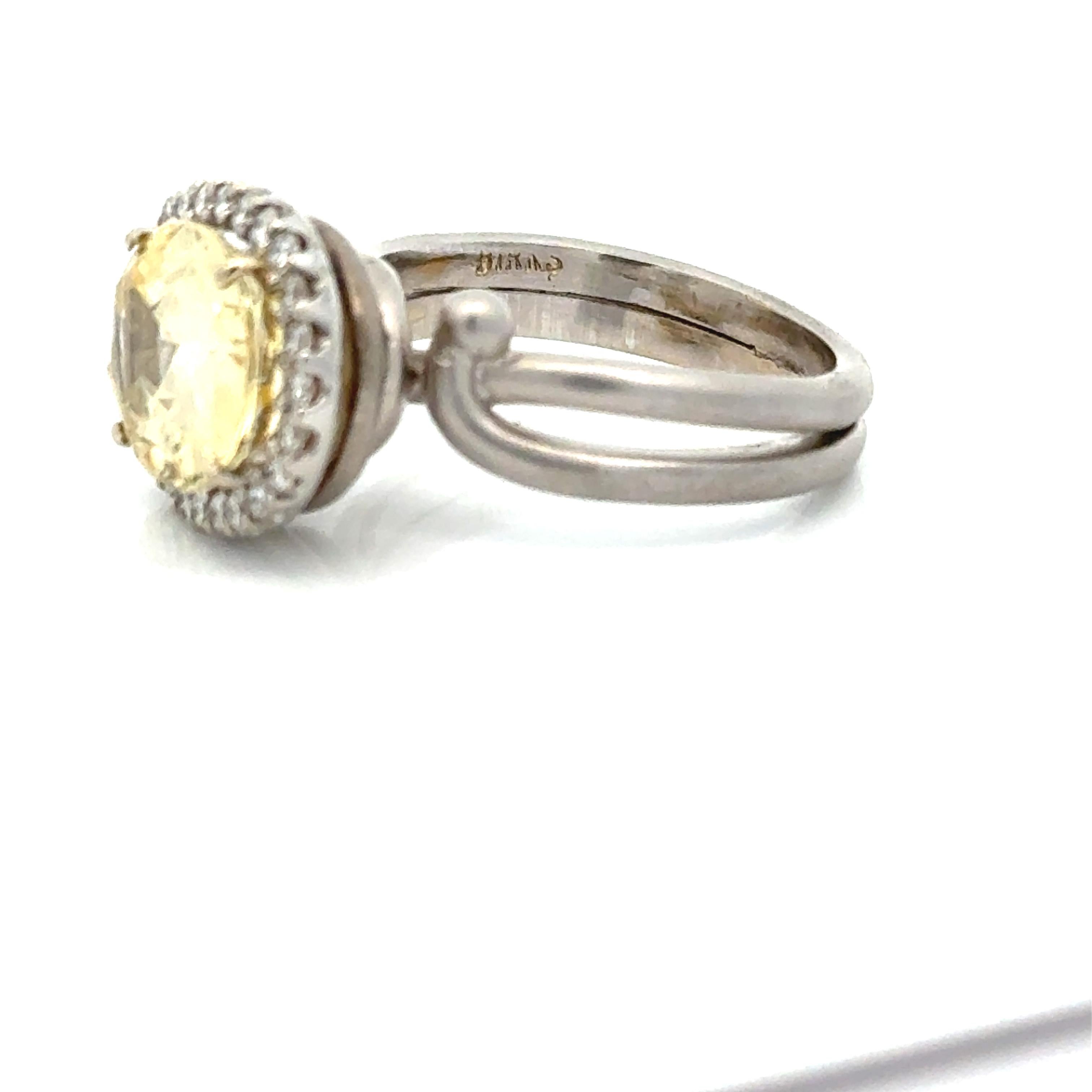 Birks 18K Gold and Unheated Yellow Sapphire and Diamond Halo Ring In Good Condition In Derby, NY