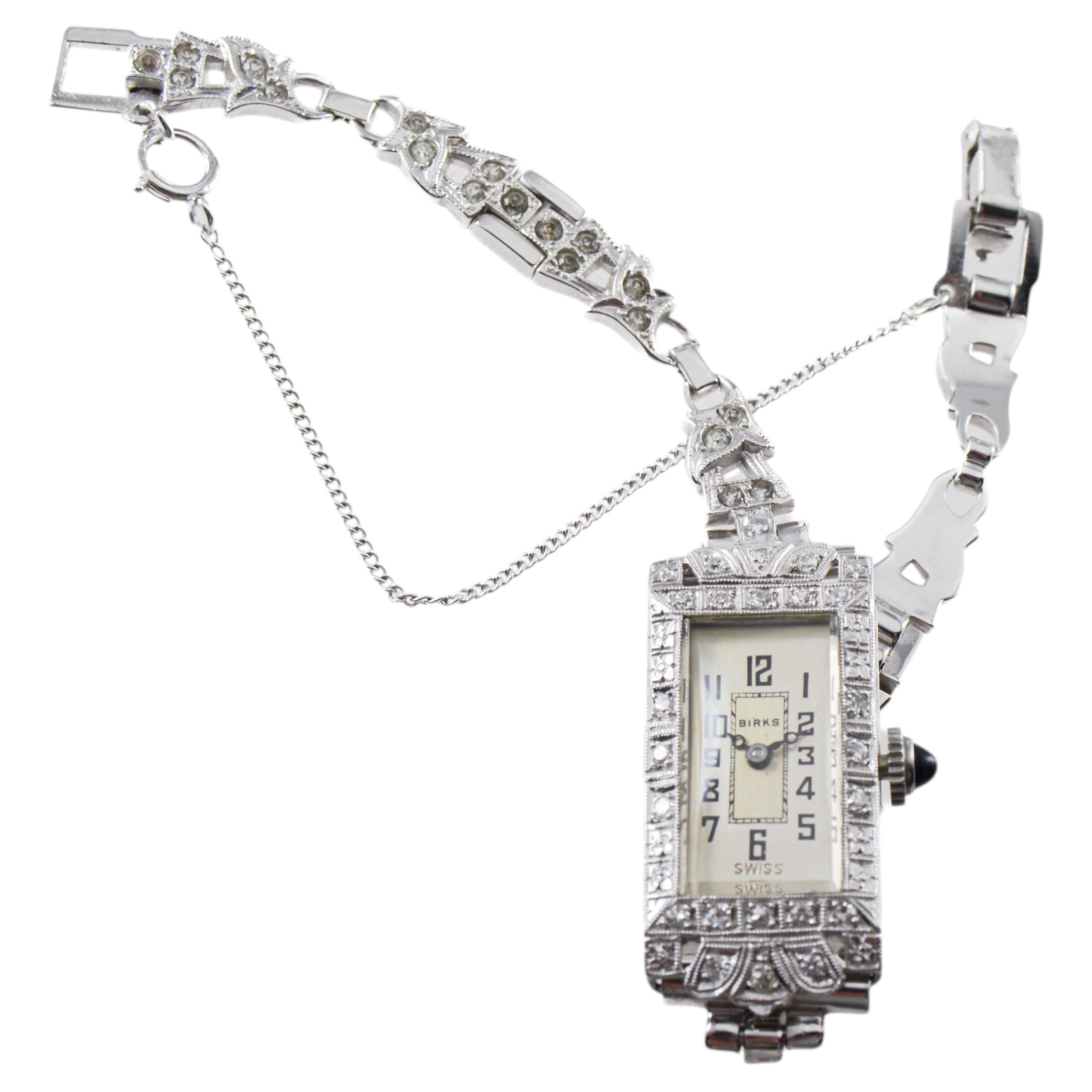 Birks 18Kt Solid White Gold & Diamonds Ladies Art Deco Watch For Sale