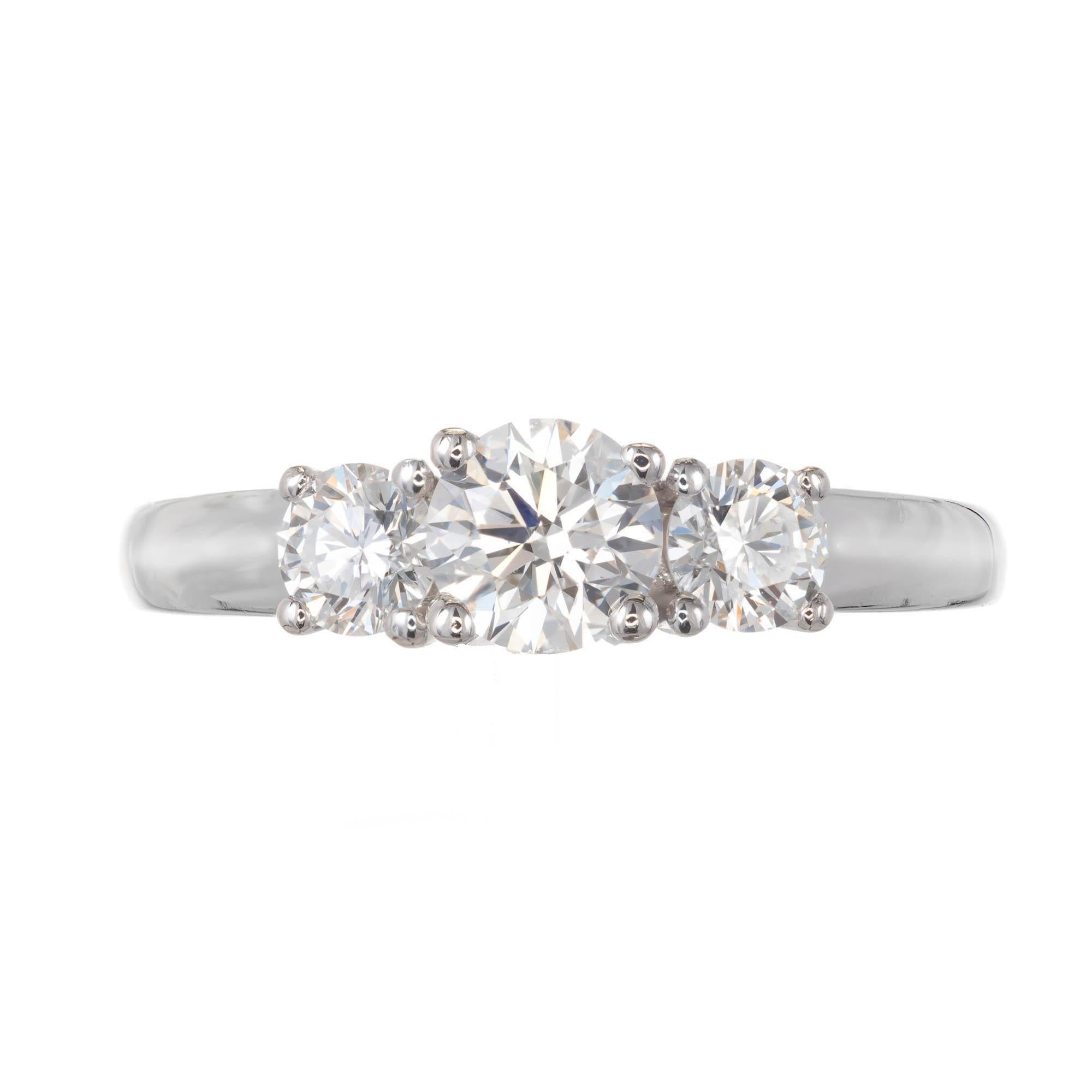 Birks diamond engagement ring. Platinum three-stone setting with round center diamond with two round accent side diamonds. 

1 round Ideal brilliant cut diamond, approx. total weight .50cts, E-F, VS1, Depth: 59.7% Table: 54%, GIA certificate