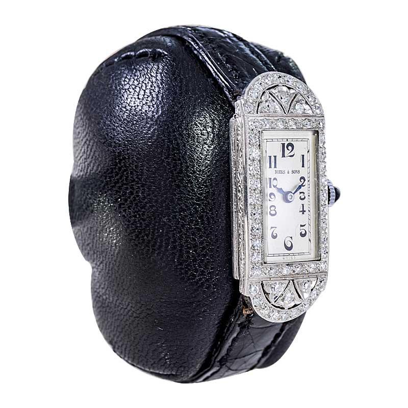 FACTORY / HOUSE: Birks and Sons
STYLE / REFERENCE: Art Deco Ladies Dress Watch
METAL / MATERIAL: Platinum
CIRCA / YEAR: 1920's
DIMENSIONS / SIZE: Length 37mm X Width 14mm
MOVEMENT / CALIBER: Manual Winding / 17 Jewels 
DIAL / HANDS: Original