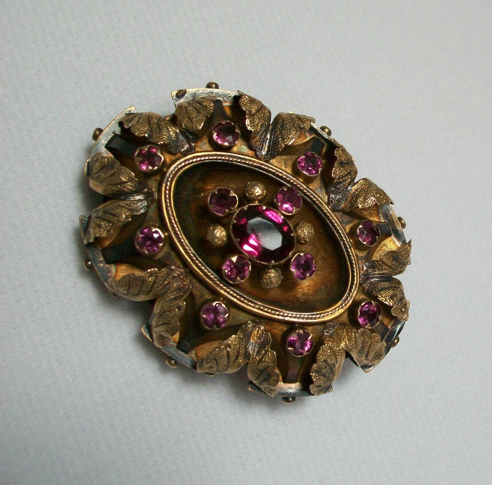 Women's Birks, Antique Purple Tourmaline & 14K Yellow Gold Brooch, Canada, Circa 1900 For Sale