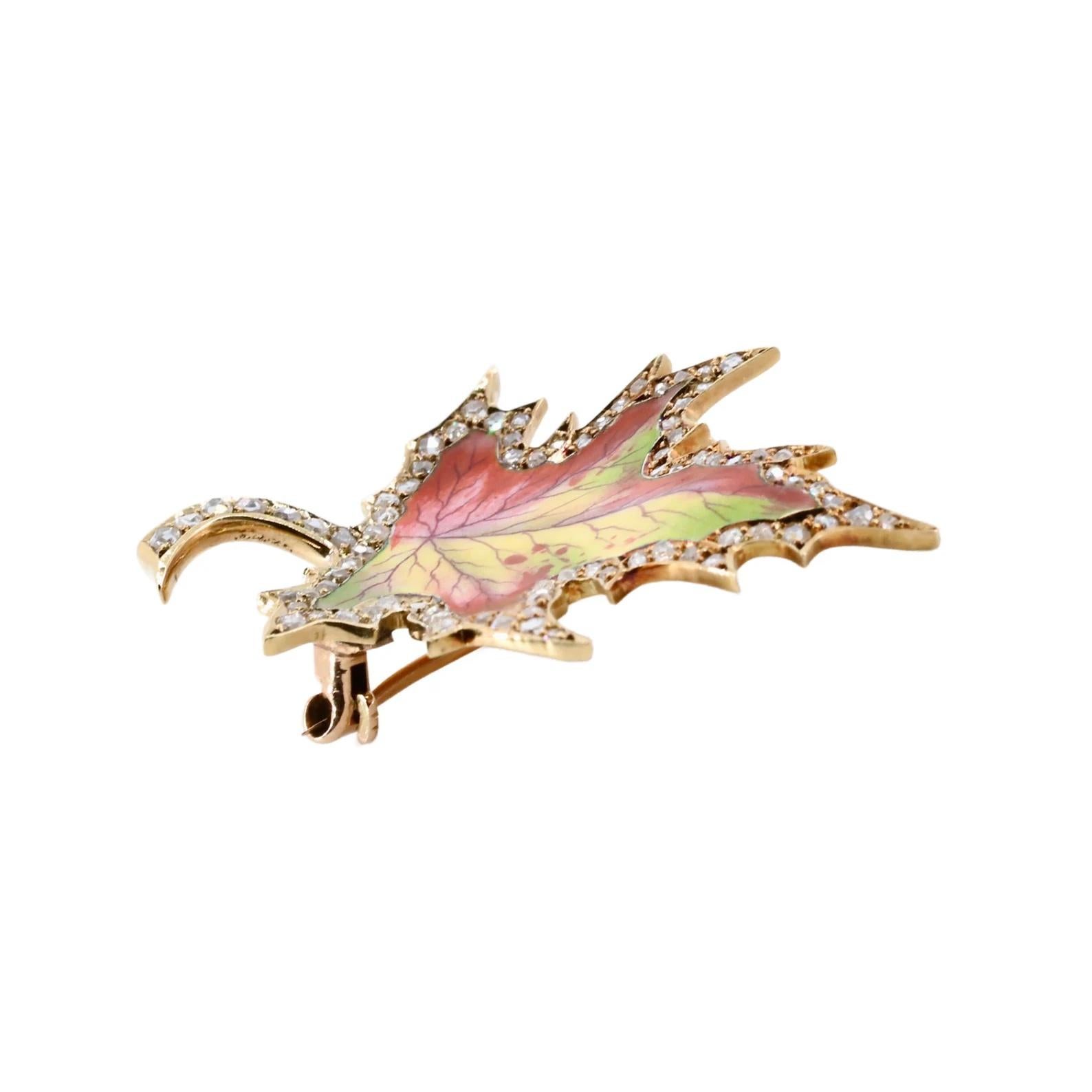 Rose Cut Birks Enamel & Diamond Maple Leaf Brooch in 15 Karat Yellow Gold Victorian For Sale
