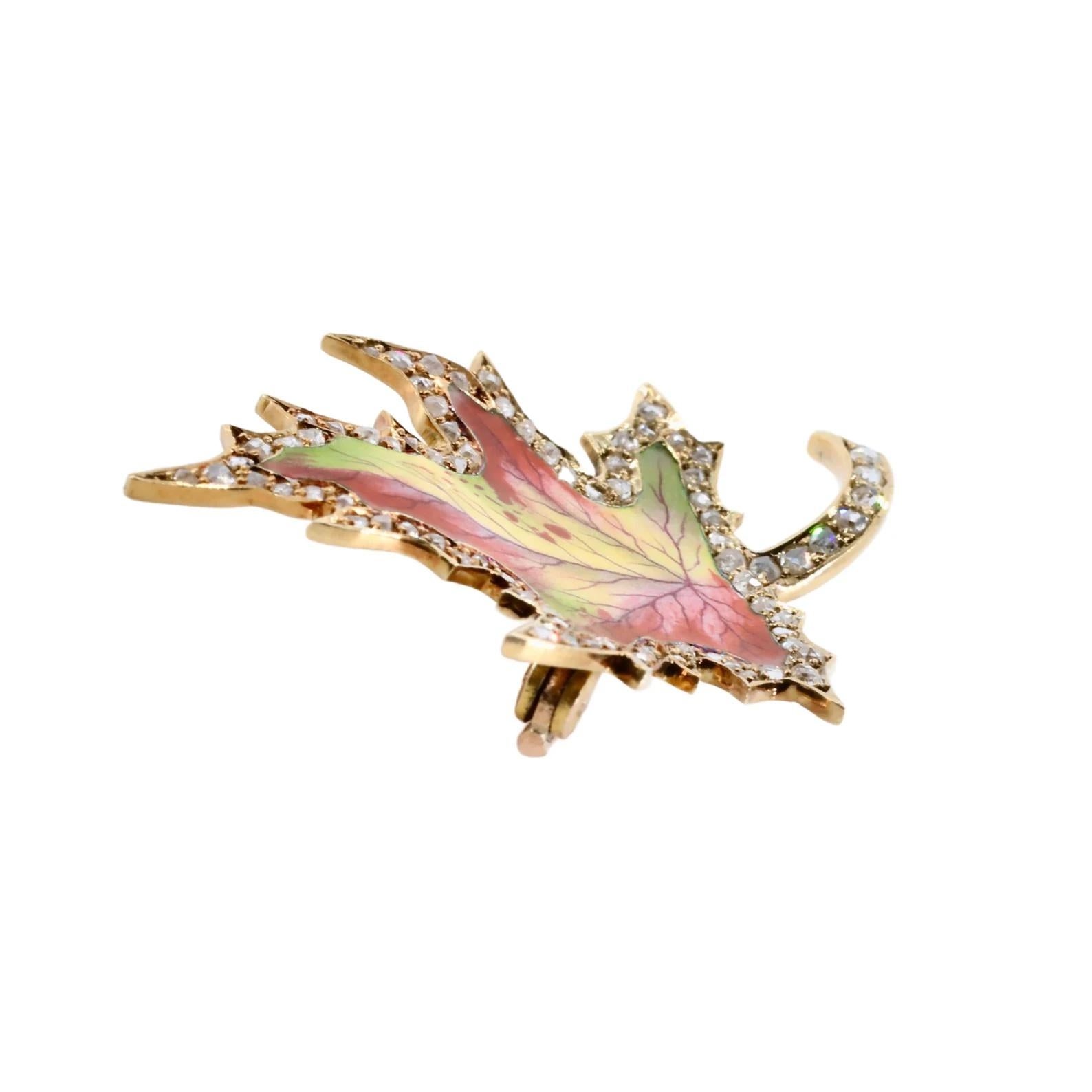 Birks Enamel & Diamond Maple Leaf Brooch in 15 Karat Yellow Gold Victorian In Good Condition In Boston, MA