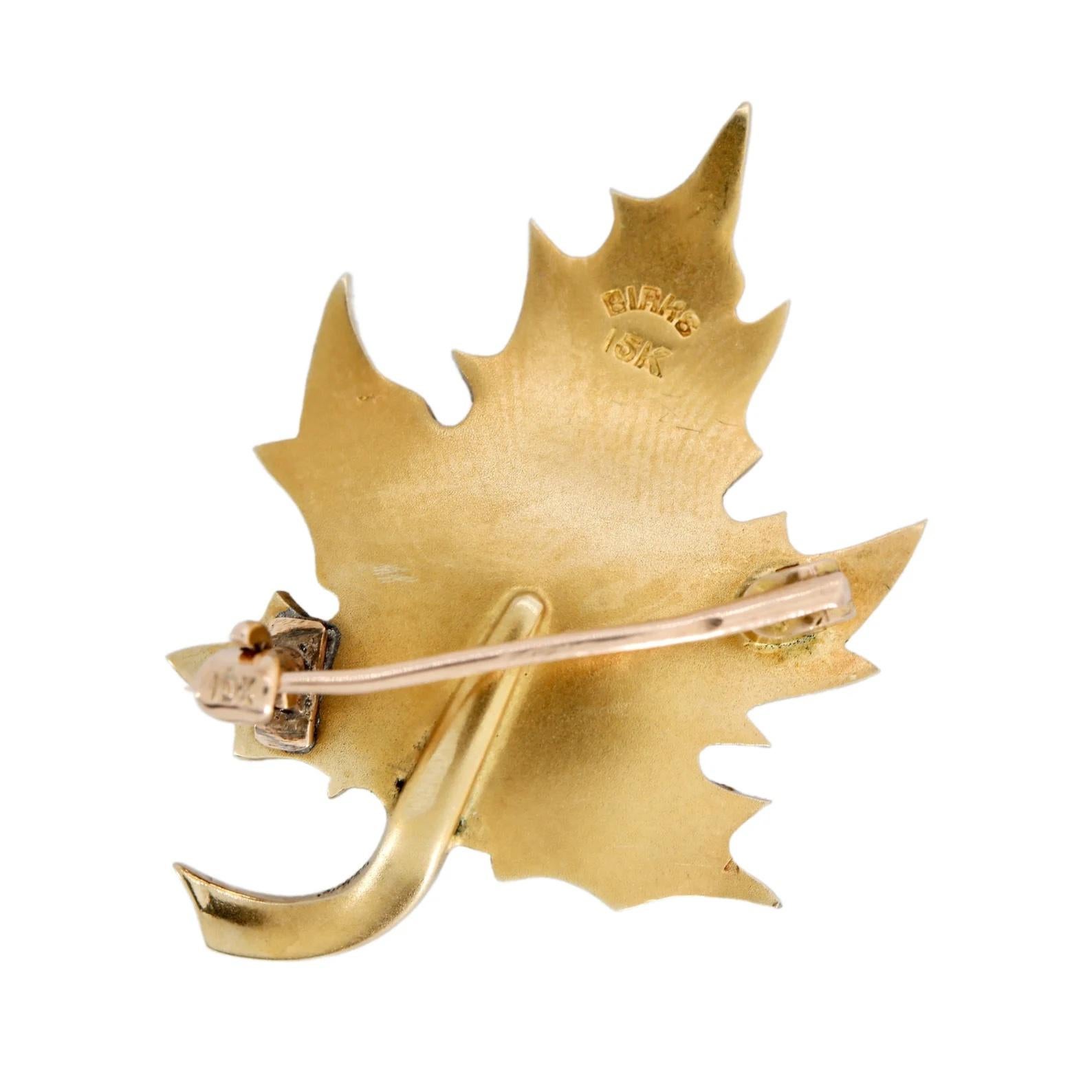 Women's Birks Enamel & Diamond Maple Leaf Brooch in 15 Karat Yellow Gold Victorian For Sale