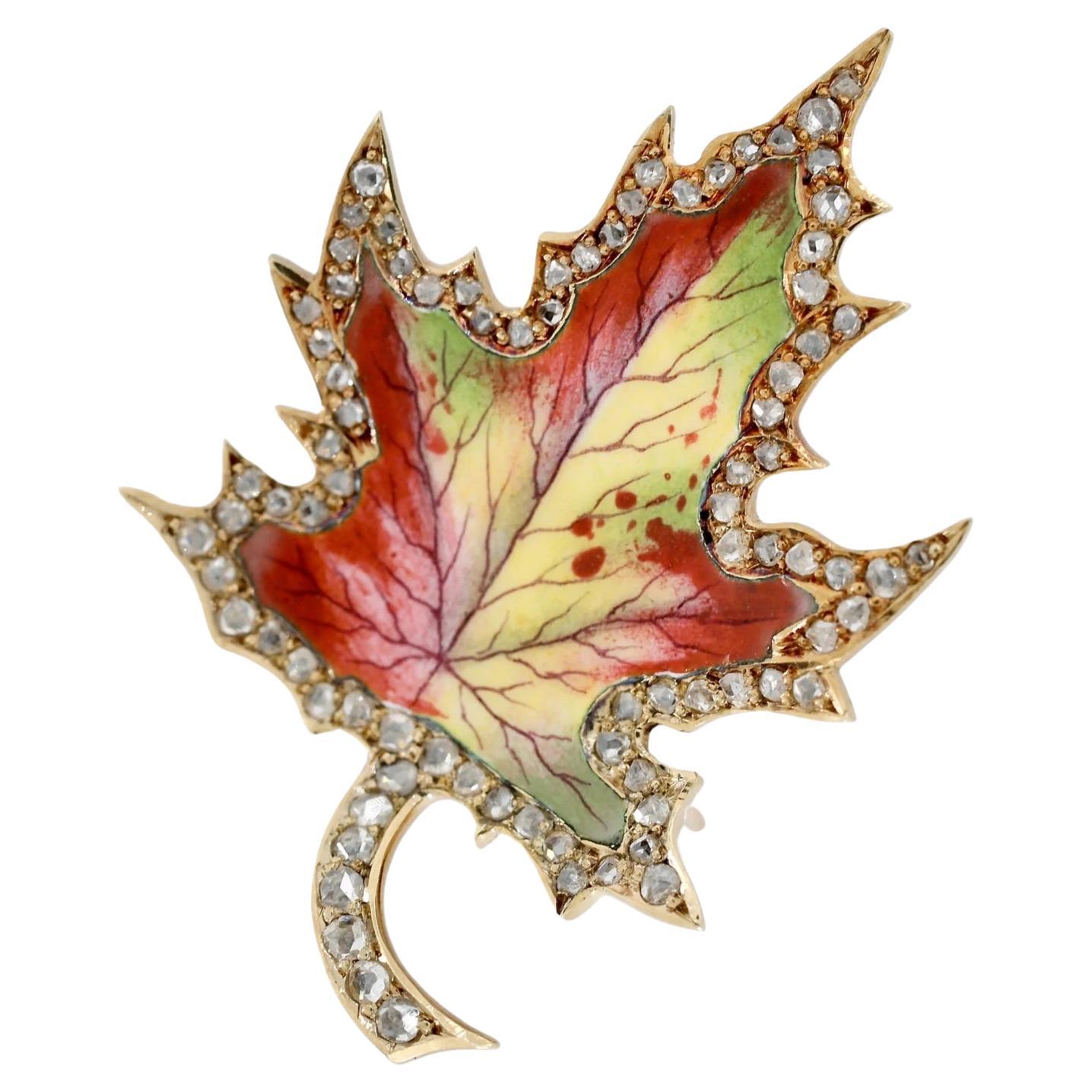 Birks Enamel & Diamond Maple Leaf Brooch in 15 Karat Yellow Gold Victorian For Sale