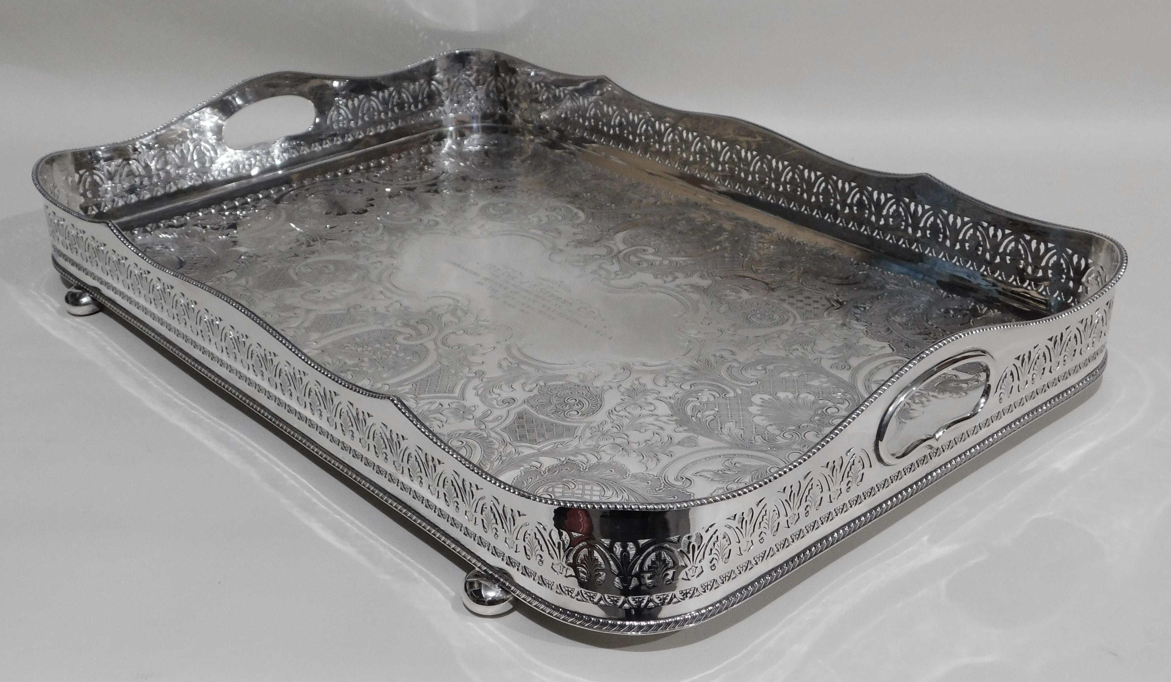 Large silver plated Birks English Regency plate serving tray, circa 1959. Presented by members of the military to LT Col J.T. Stubbs CD on Retirement as Commanding Officer 49 (SSM) MAA Regiment RCA (Royal Canadian Airforce) by the Officers Mess 20