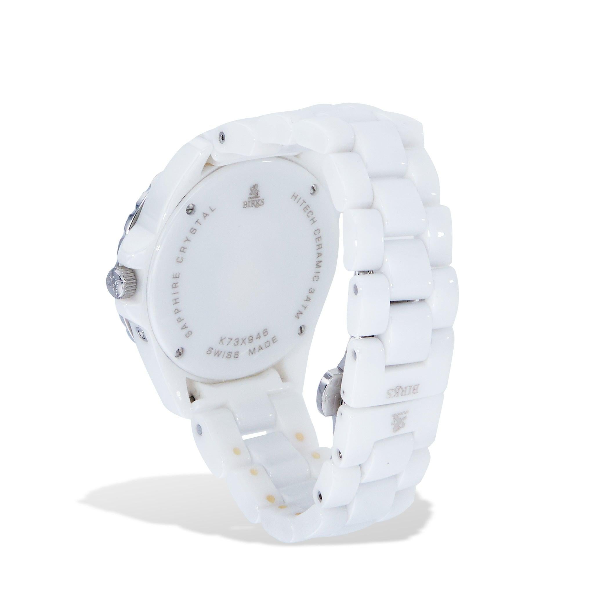 This sleek white ceramic Estate Birks Hi Tech watch combines luxurious style and modern technology, featuring a diamond-accented mother of pearl dial and quartz movement. Put a unique twist on your looks with this watch, perfect for both casual and