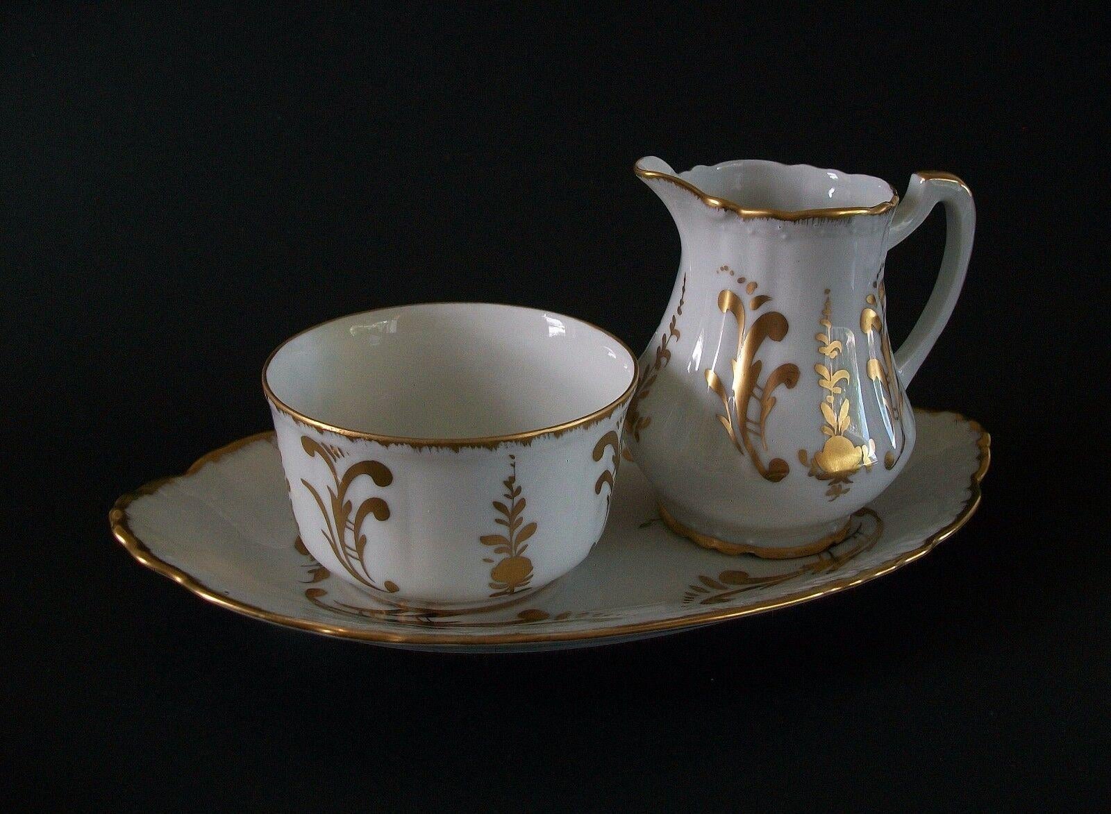 French Provincial Birks Limoges, Gilt Porcelain Cream/Sugar/Tray, France, Mid-20th Century For Sale