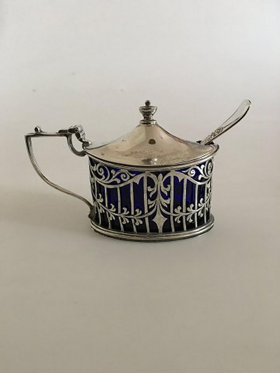 Art Nouveau Birks Mustard Pot in Sterling Silver with Spoon in Silver Plate For Sale