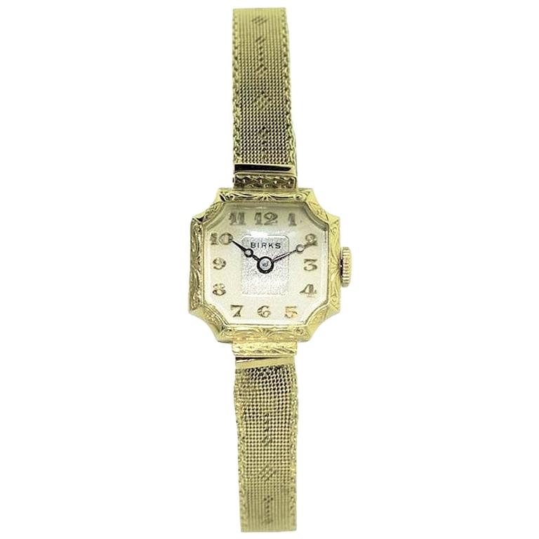 Birks of Canada 14 Karat Yellow Gold Art Deco Watch with Original Mesh Bracelet For Sale at