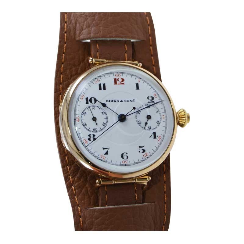 Birks of Canada Art Deco 18Kt. Solid Gold Chronograph with Enamel Dial, 1930's In Excellent Condition For Sale In Long Beach, CA
