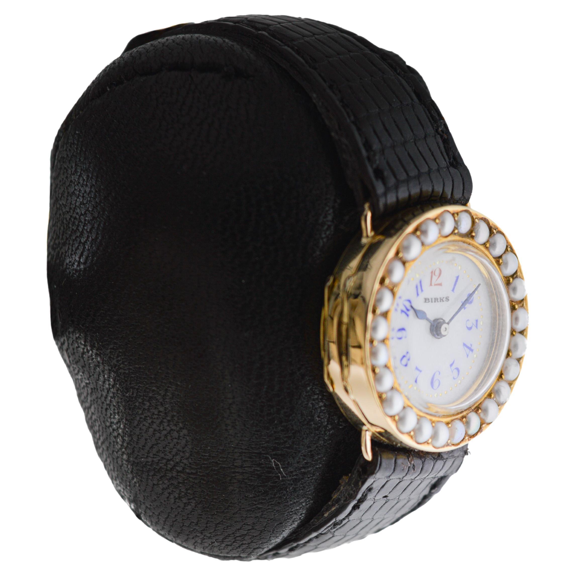 Birks of Canada Ladies 18Kt. Yellow Gold Pearl Bezel Dress Manual Watch, 1910s In Excellent Condition For Sale In Long Beach, CA