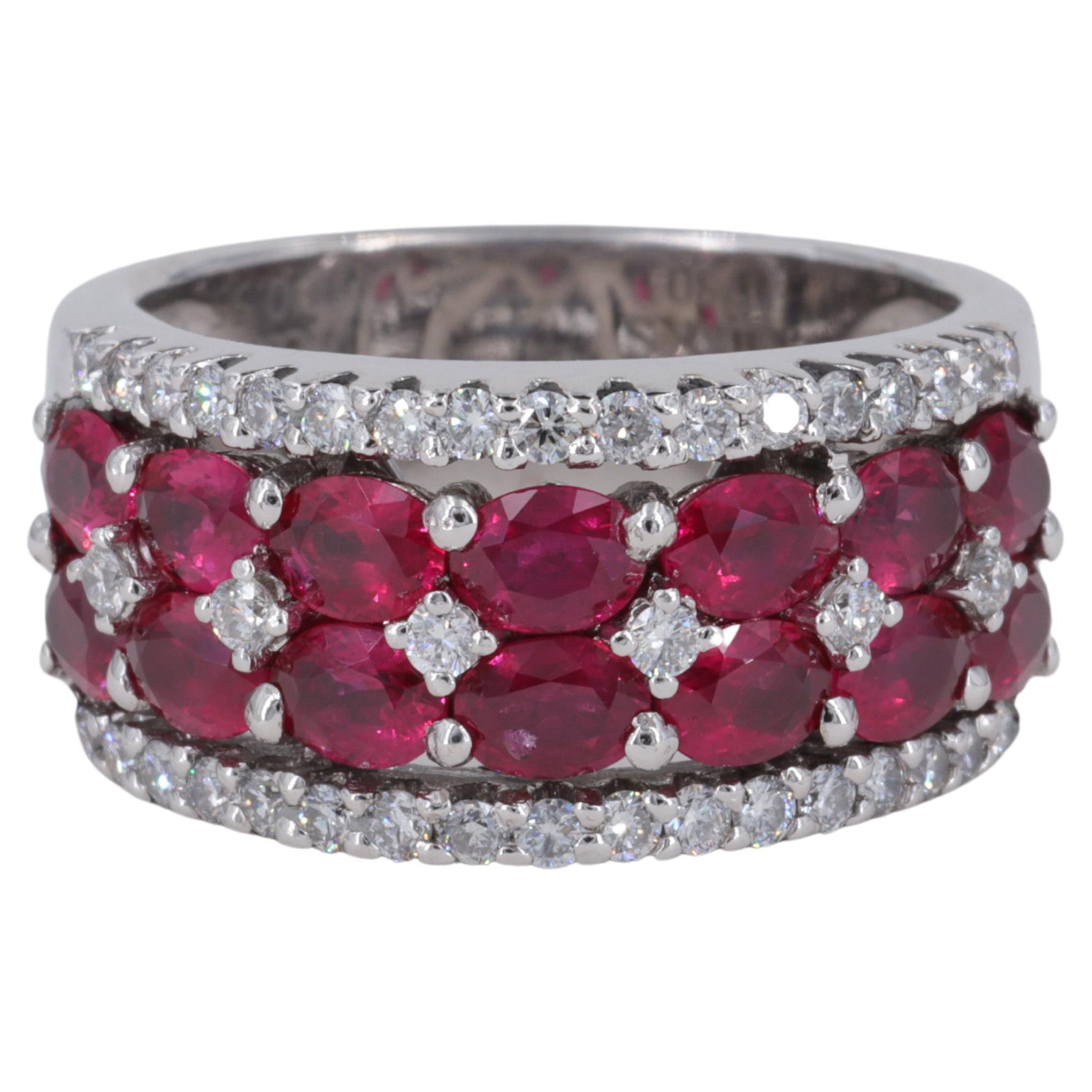 Birks Oval Shaped Natural Ruby and Diamond Wide Band Ring in 18 Karat White Gold