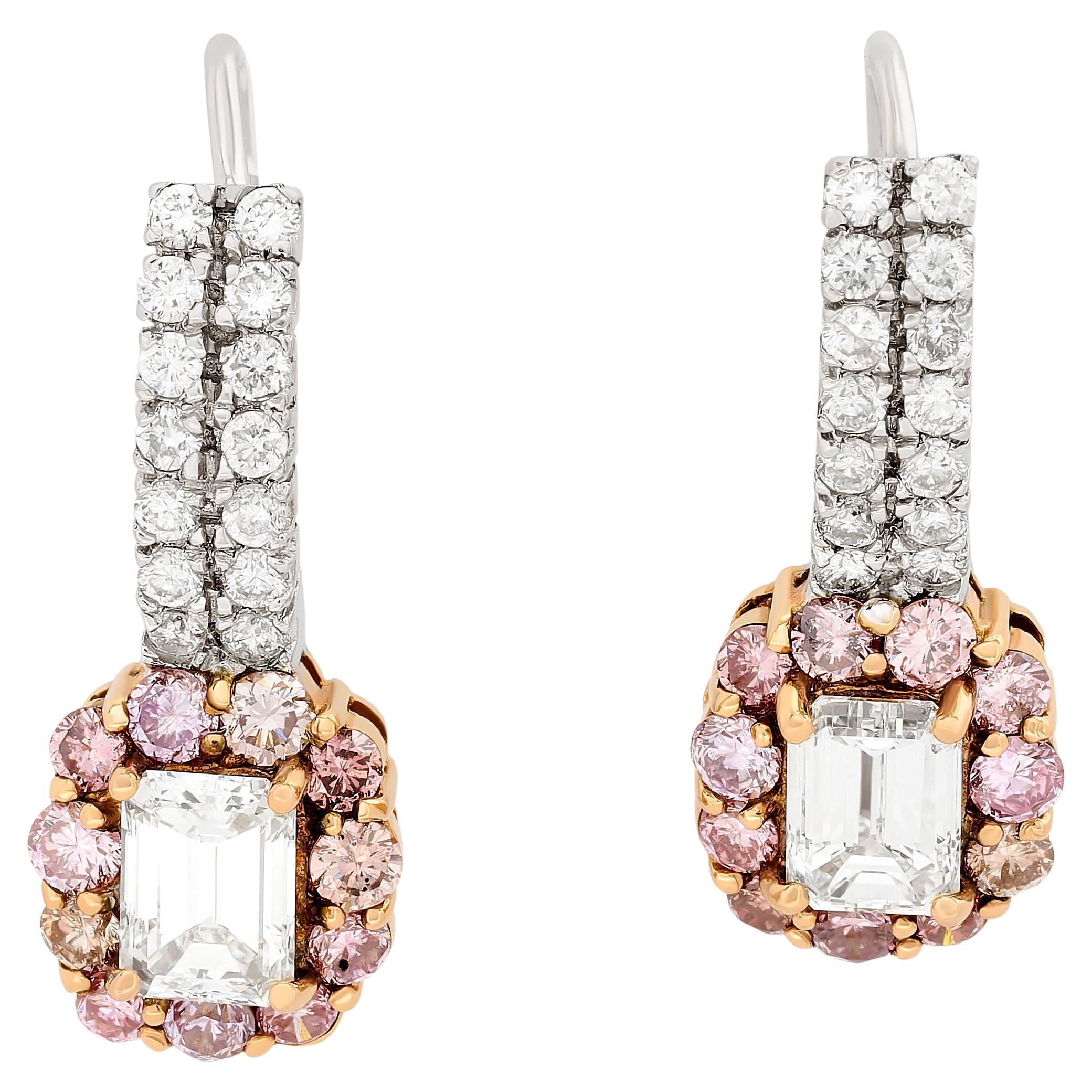 Birks Platin und 18KRG Smaragdschliff Diamant und Pink Diamond Halo Ohrringe