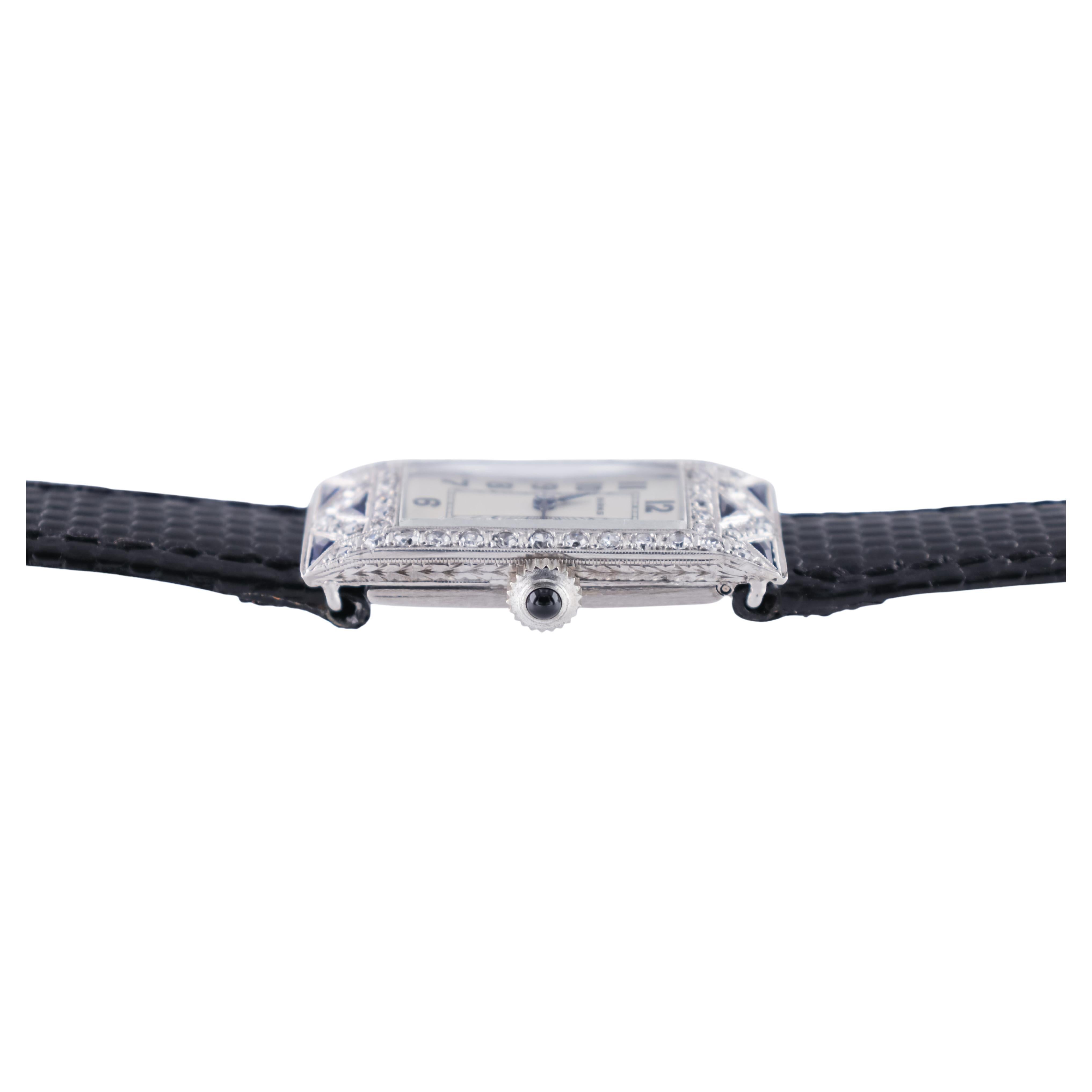 Birks Platin Art Deco Damen Diamant und Saphir Dress Watch von 1940s im Angebot 6