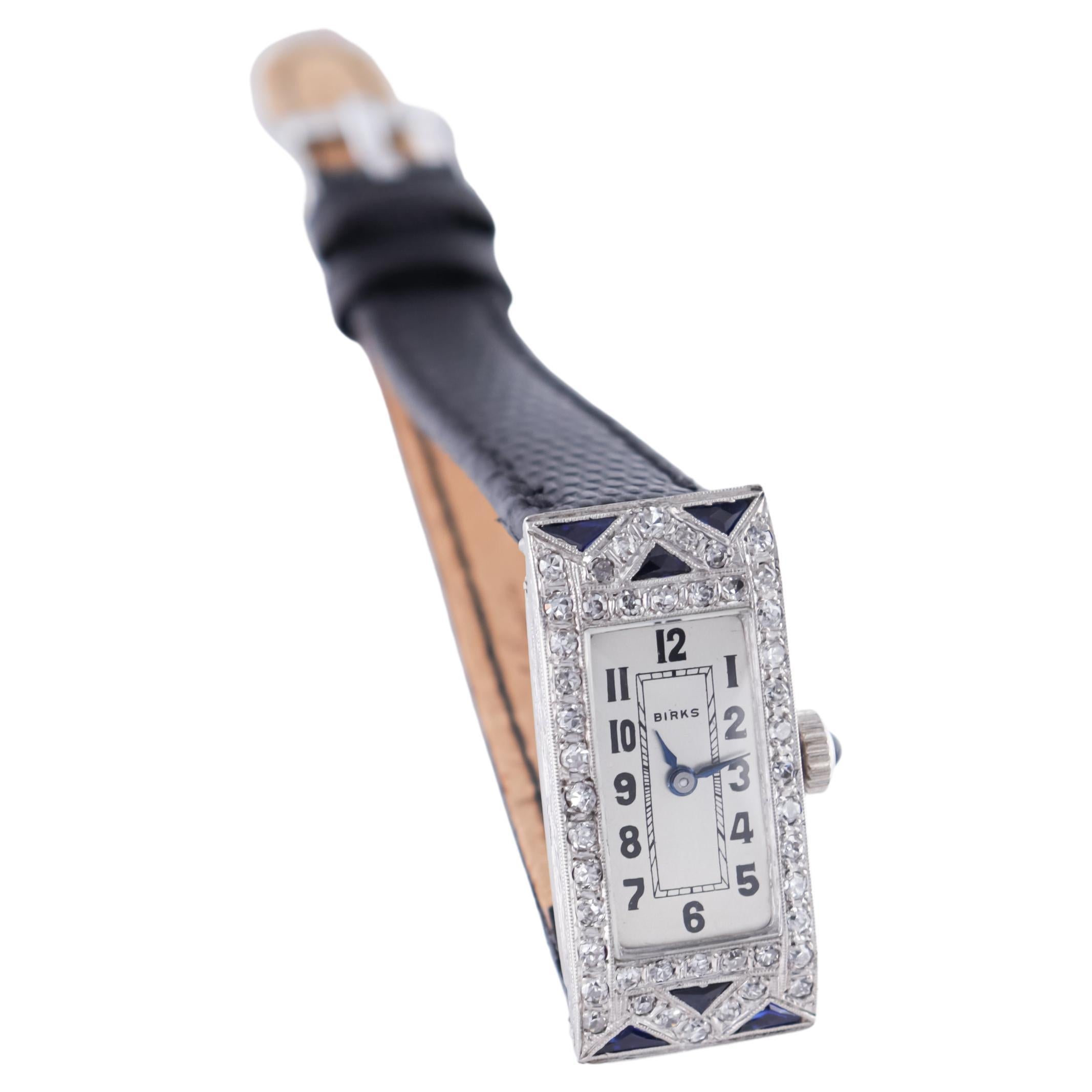 Birks Platin Art Deco Damen Diamant und Saphir Dress Watch von 1940s im Angebot 2