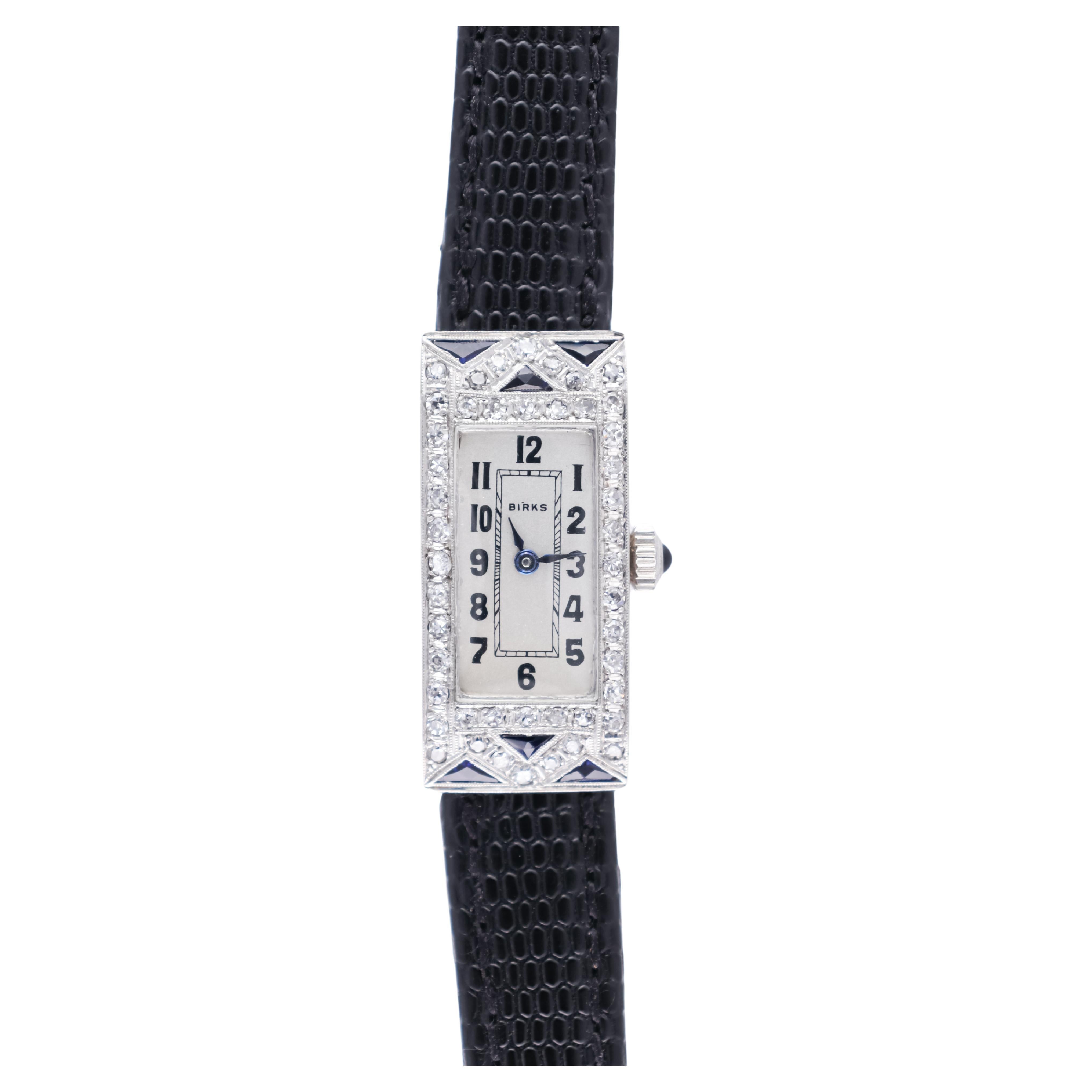 Birks Platinum Art Deco Ladies Diamond and Sapphire Dress Watch from 1940s For Sale 1