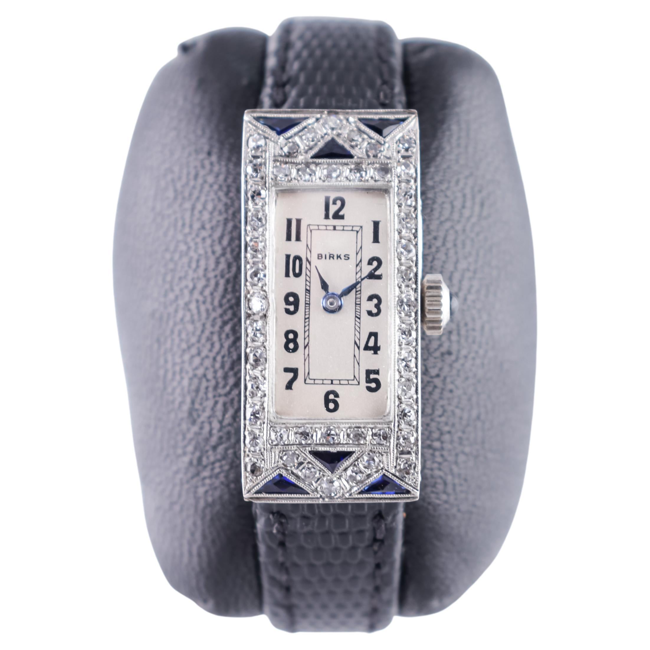 Birks Platinum Art Deco Ladies Diamond and Sapphire Dress Watch from 1940s