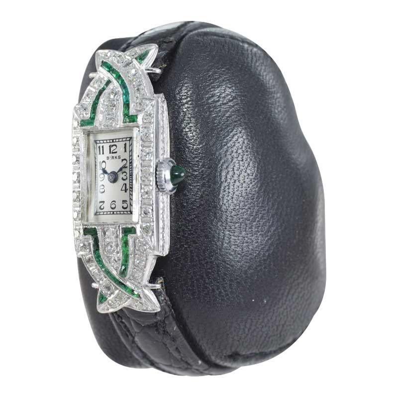 Birk's Platinum Diamond Emerald Art Deco Dress Watch, circa 1930's In Excellent Condition In Long Beach, CA