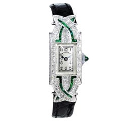Vintage Birk's Platinum Diamond Emerald Art Deco Dress Watch, circa 1930's