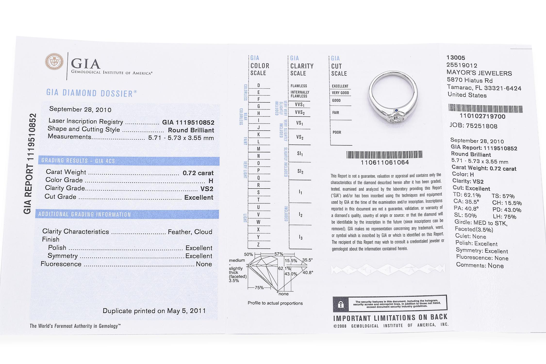 Round Cut Birks Platinum GIA Certified 0.72ct H VS2 Sleek Engagement Ring For Sale