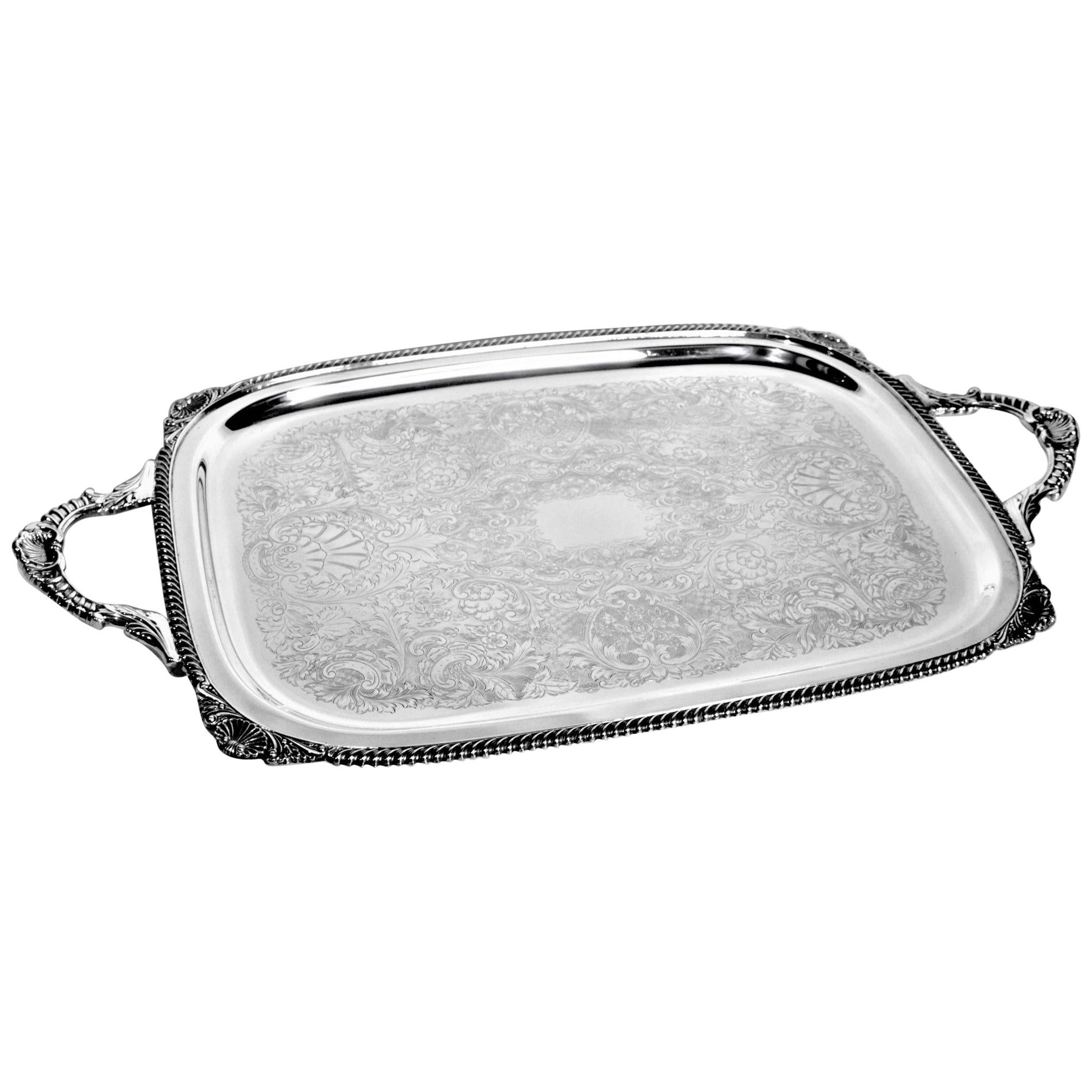 Birks Regency Silver Plated Serving Tray with Ornate Handles & Engraving