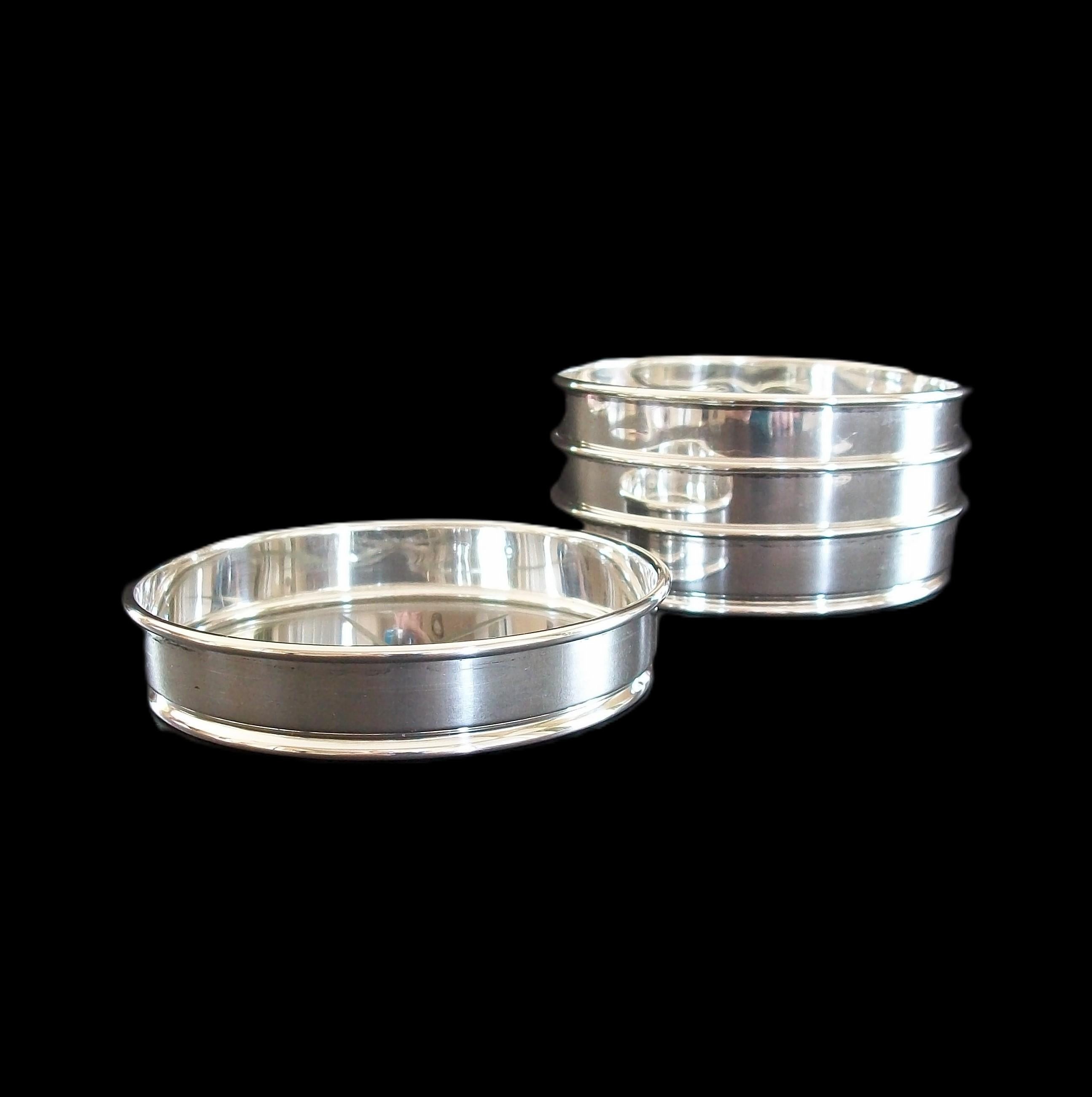 Modern BIRKS - Set of Four Sterling Silver & Cut Glass Coasters - Canada - 20th Century For Sale