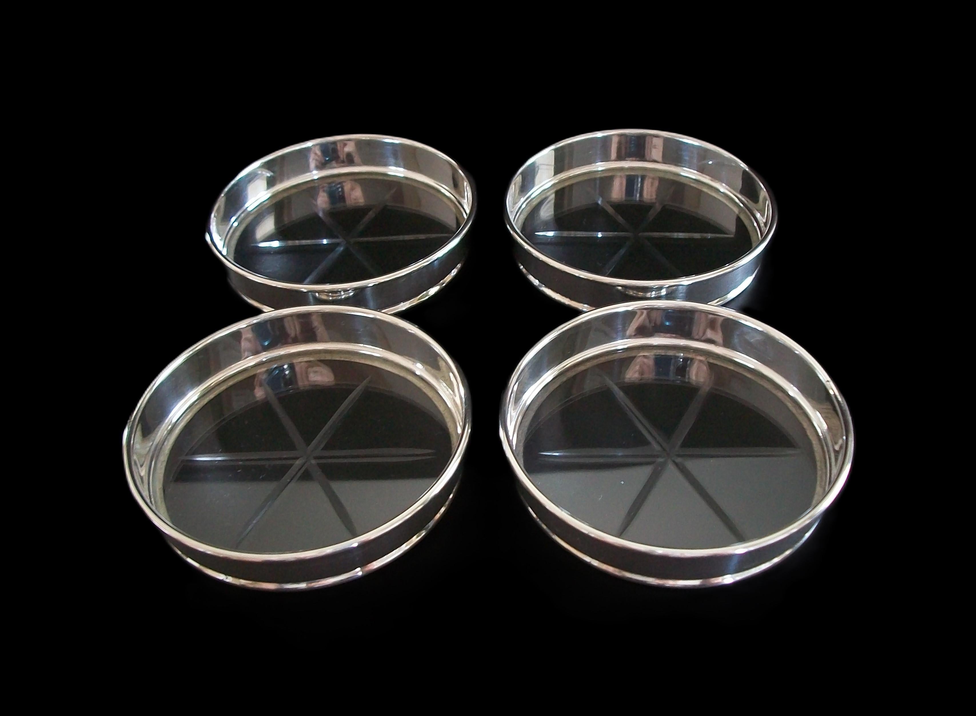 Canadian BIRKS - Set of Four Sterling Silver & Cut Glass Coasters - Canada - 20th Century For Sale