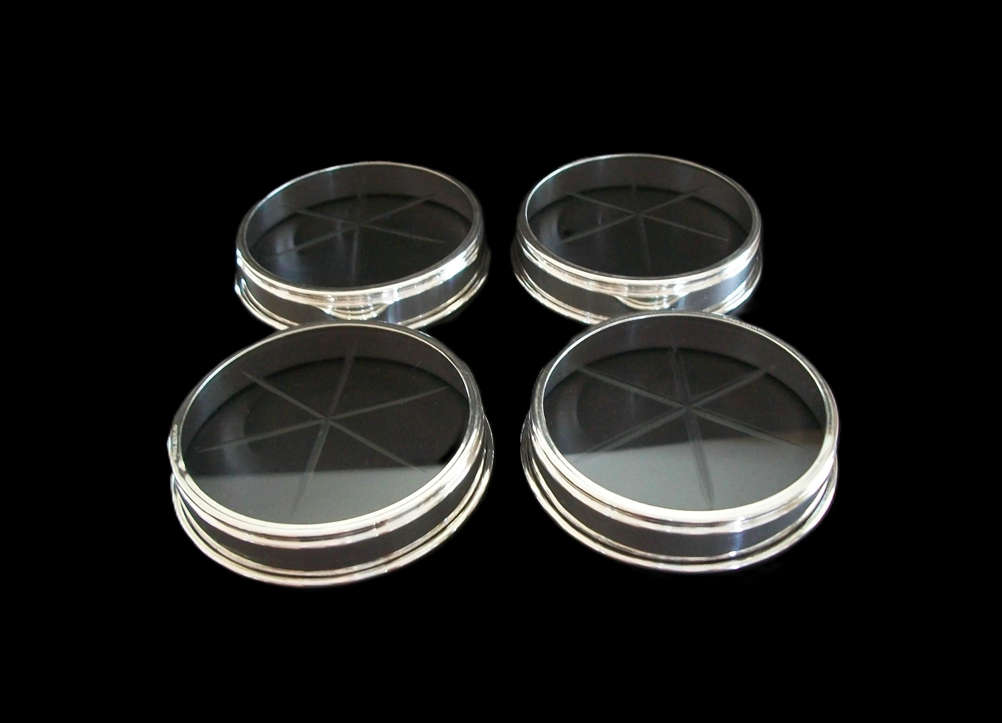 Hand-Crafted BIRKS - Set of Four Sterling Silver & Cut Glass Coasters - Canada - 20th Century For Sale