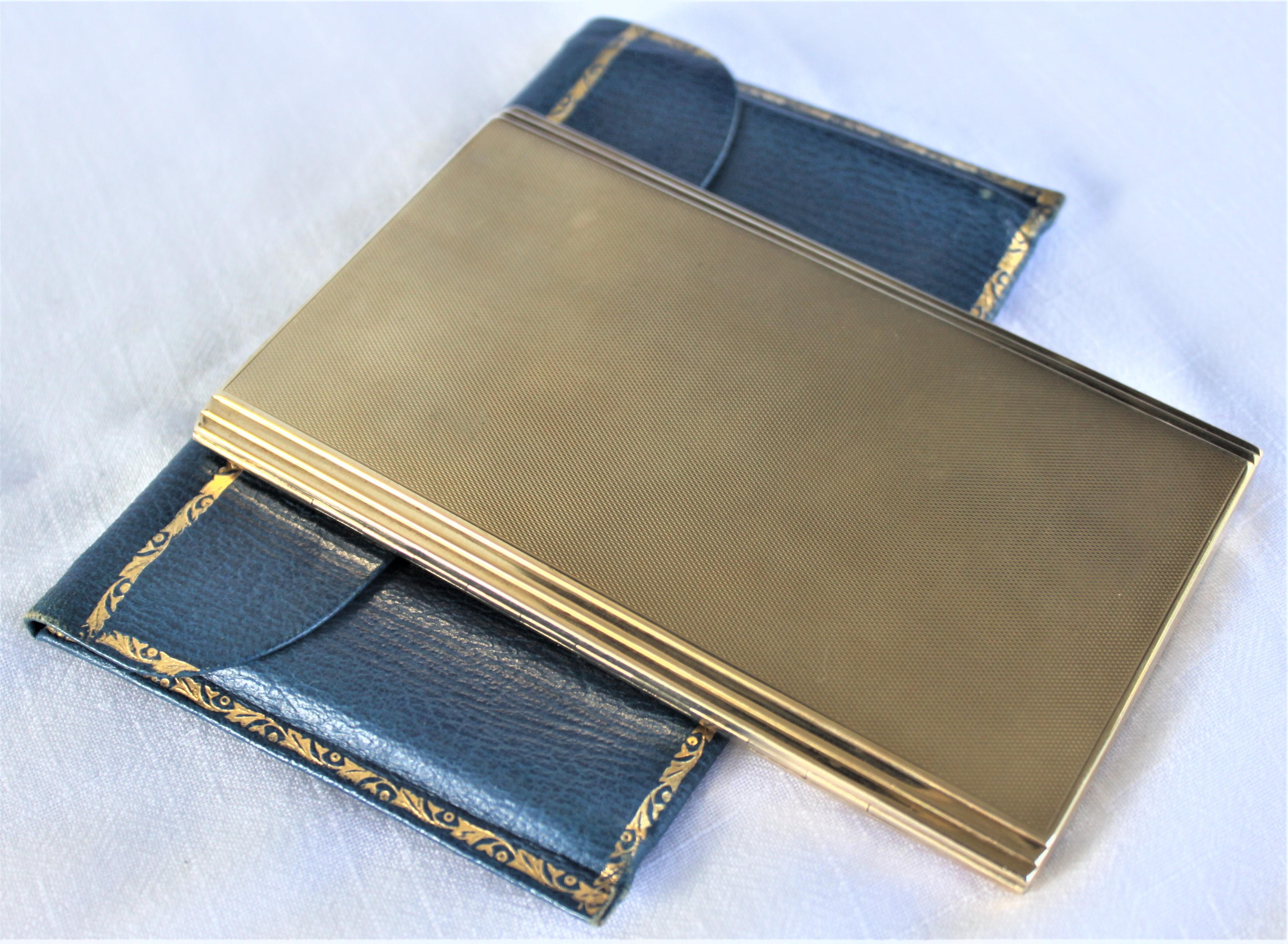 Birks Solid 9-Karat Yellow Gold Cigarette Case with Blue Outer Leather Envelope For Sale 7