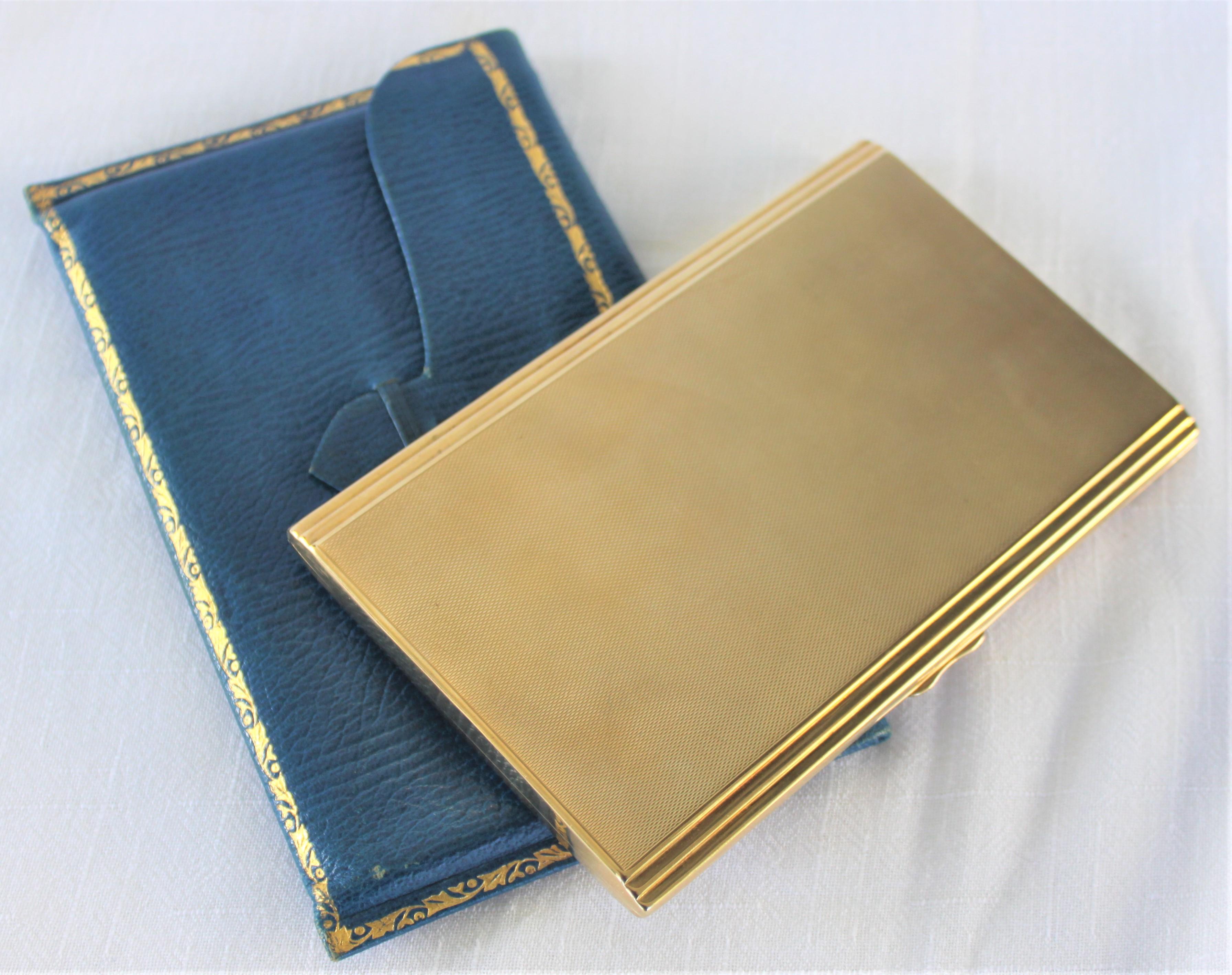 Machine-Made Birks Solid 9-Karat Yellow Gold Cigarette Case with Blue Outer Leather Envelope For Sale