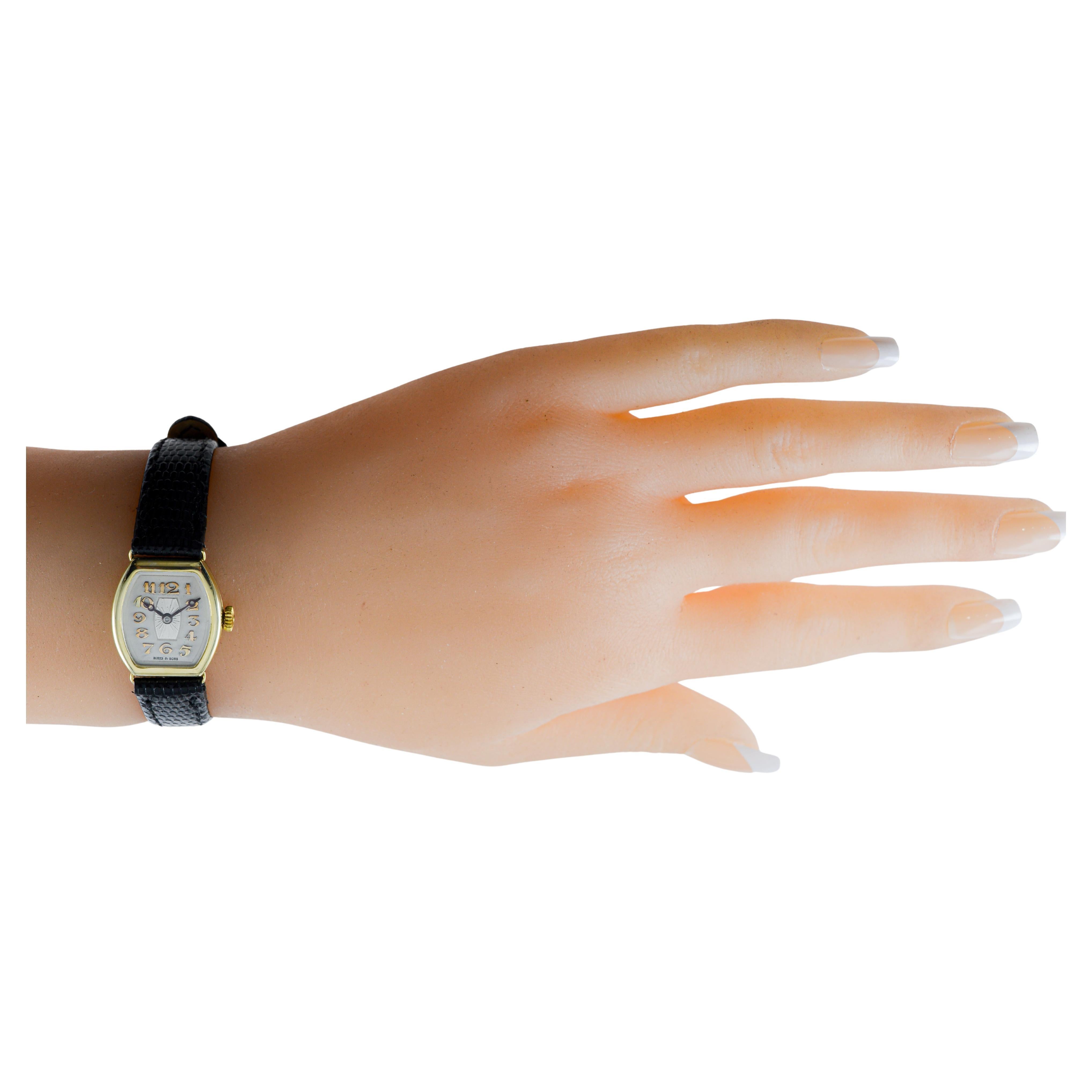 Birks & Sons 14Kt Solid Gold Art Deco Ladies Watch with Breguet Numeral Dial For Sale 14