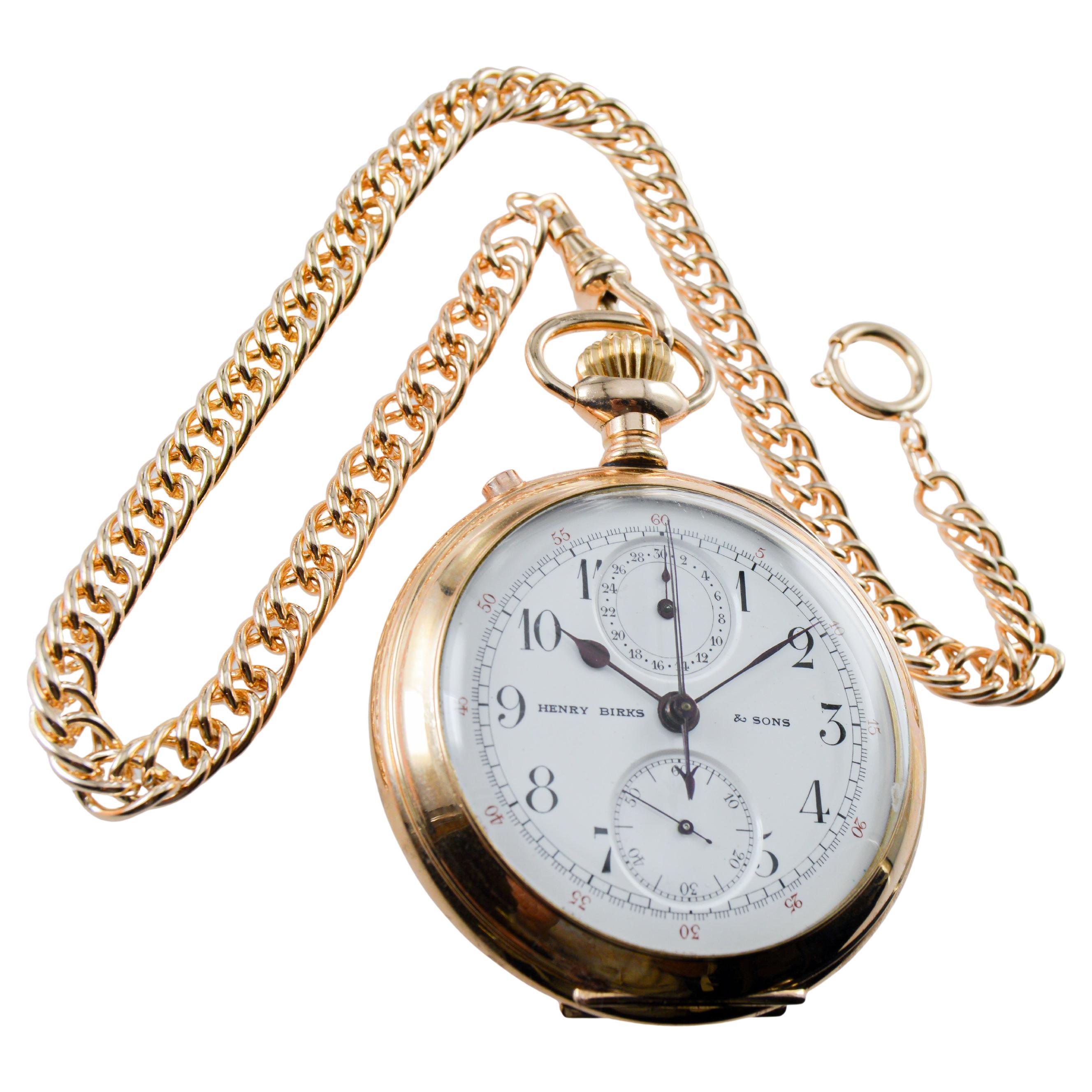 FABBRICA / CASA: Henry Birks & Son Watch Company
STILE / RIFERIMENTO: Split Seconds Open Faced Pocket Watch
METALLO / MATERIALE: Oro giallo riempito 
CIRCA / ANNO: 1920
DIMENSIONI: Diametro 55 mm
MOVIMENTO / CALIBRO: Carica manuale / 23 rubini 
