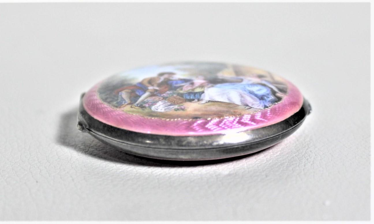 French Birks Sterling Silver Ladies Compact with Enamel Portrait & Guilloche Decoration For Sale