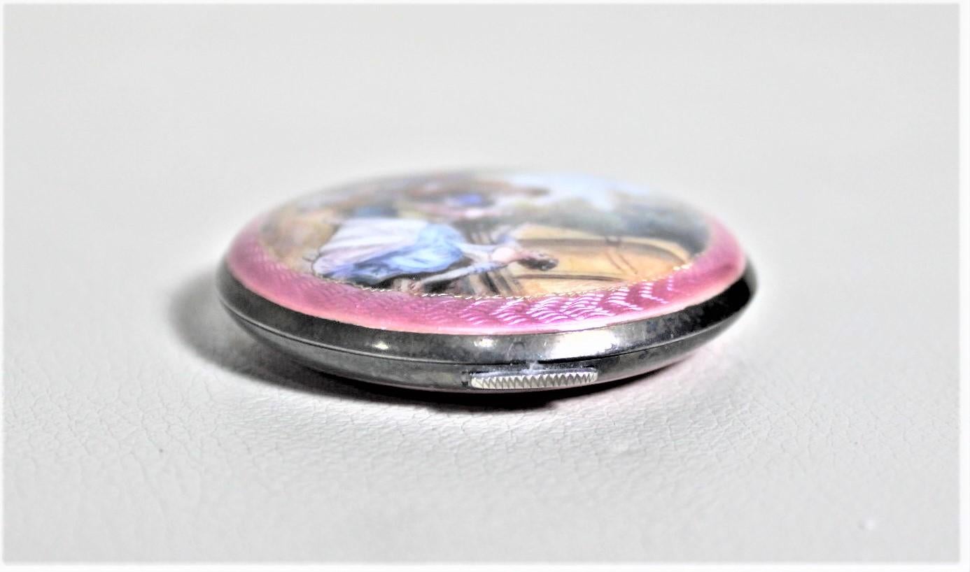 20th Century Birks Sterling Silver Ladies Compact with Enamel Portrait & Guilloche Decoration
