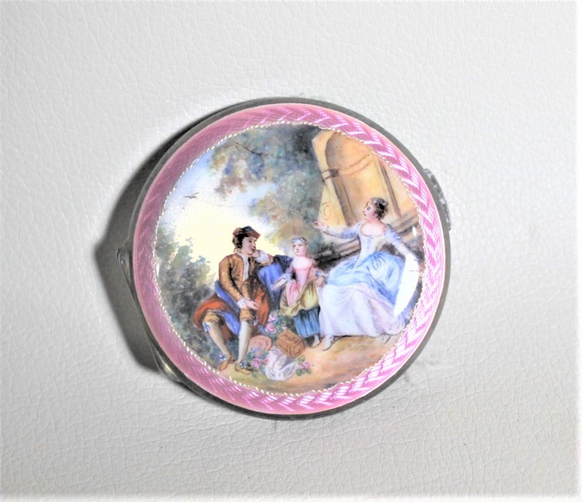 20th Century Birks Sterling Silver Ladies Compact with Enamel Portrait & Guilloche Decoration For Sale