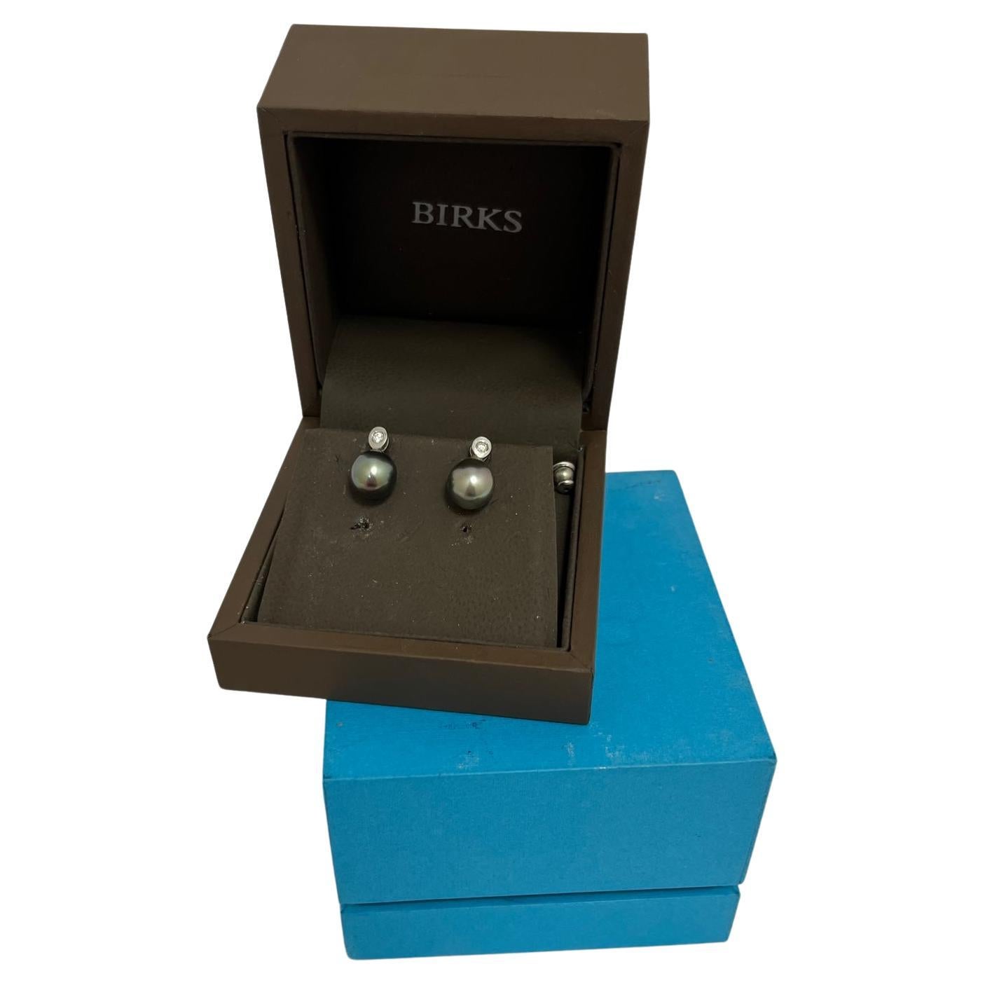 Birks Tahitian Pearl and Diamond Earrings in 18kt White Gold w/Box For Sale