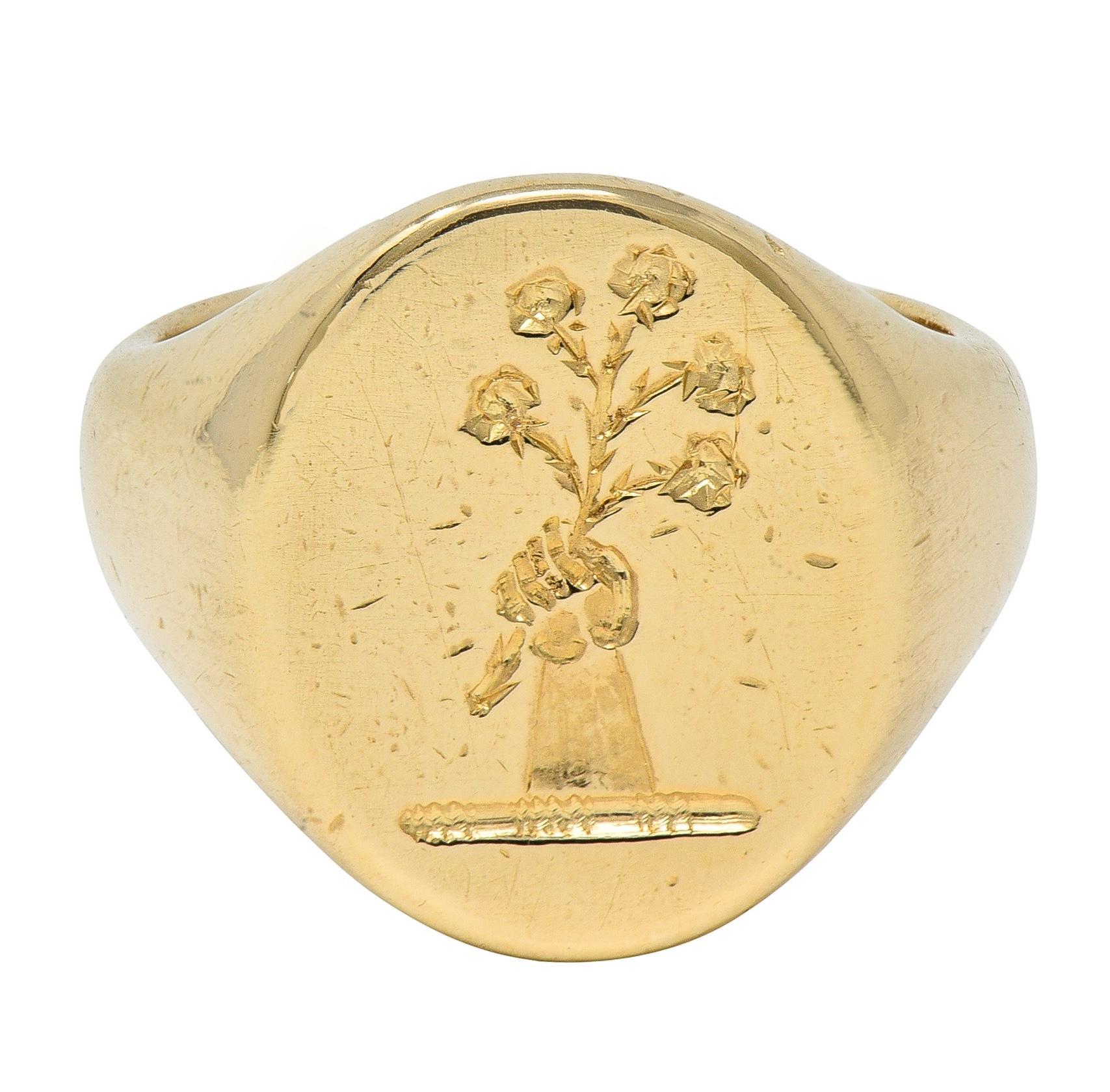 Birks, anello vittoriano in oro giallo 14 carati, antico e unisex, con incisione a rilievo