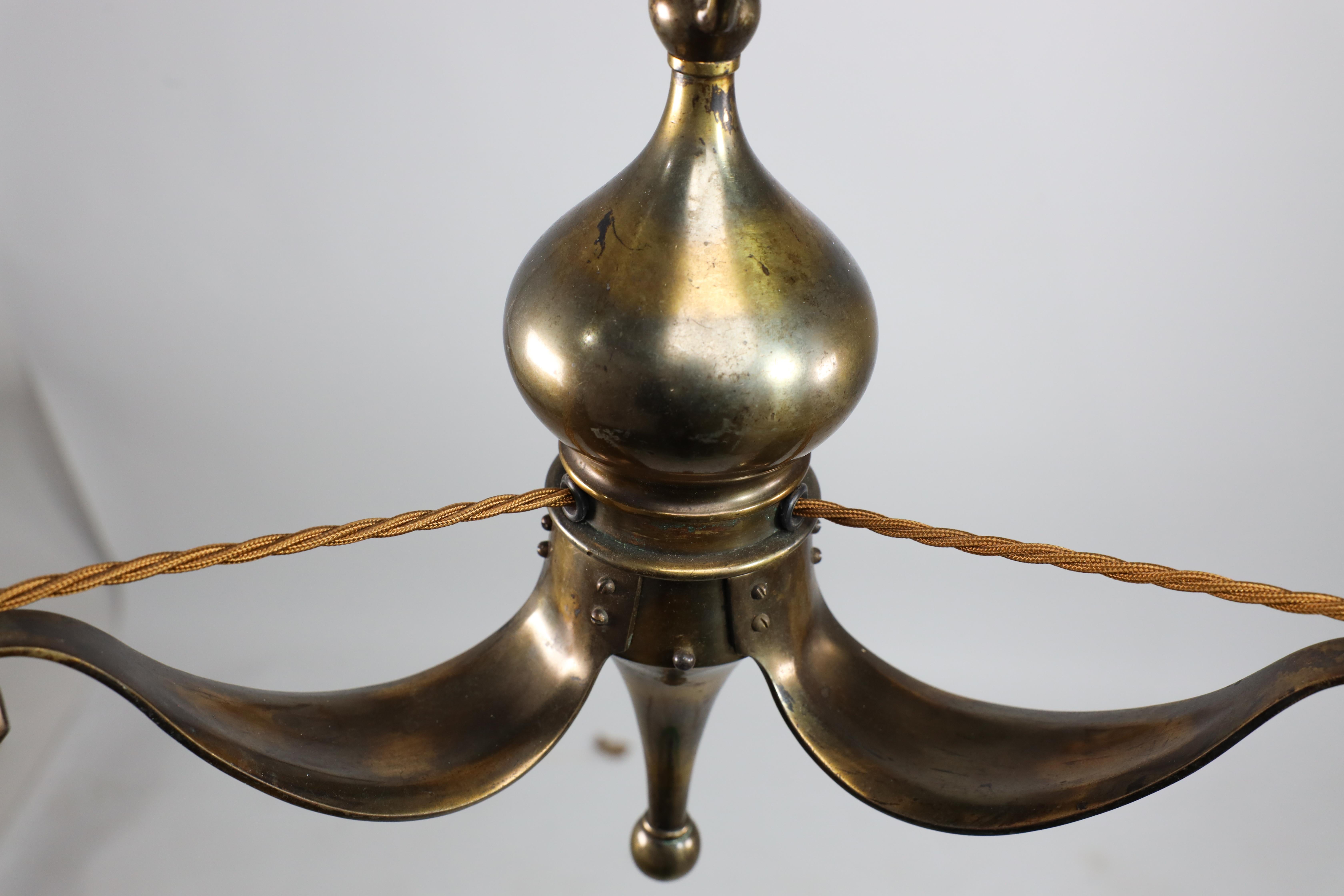 Birmingham Guild of Handicraft. An Arts and Crafts three arm brass ceiling light In Good Condition For Sale In London, GB