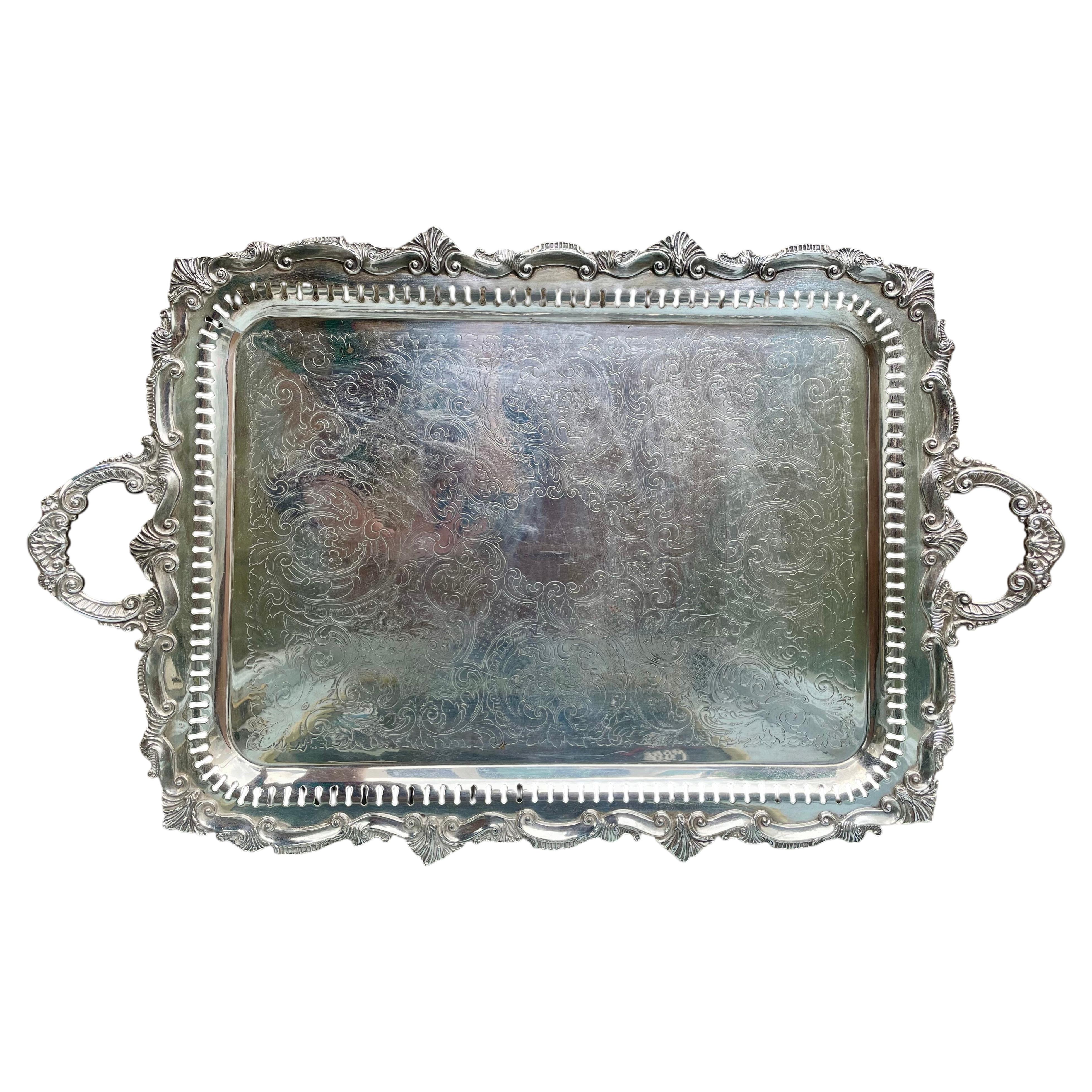 Birmingham Large Footed Silver Plate Serving Tray Etched Reticulated Raised Edge