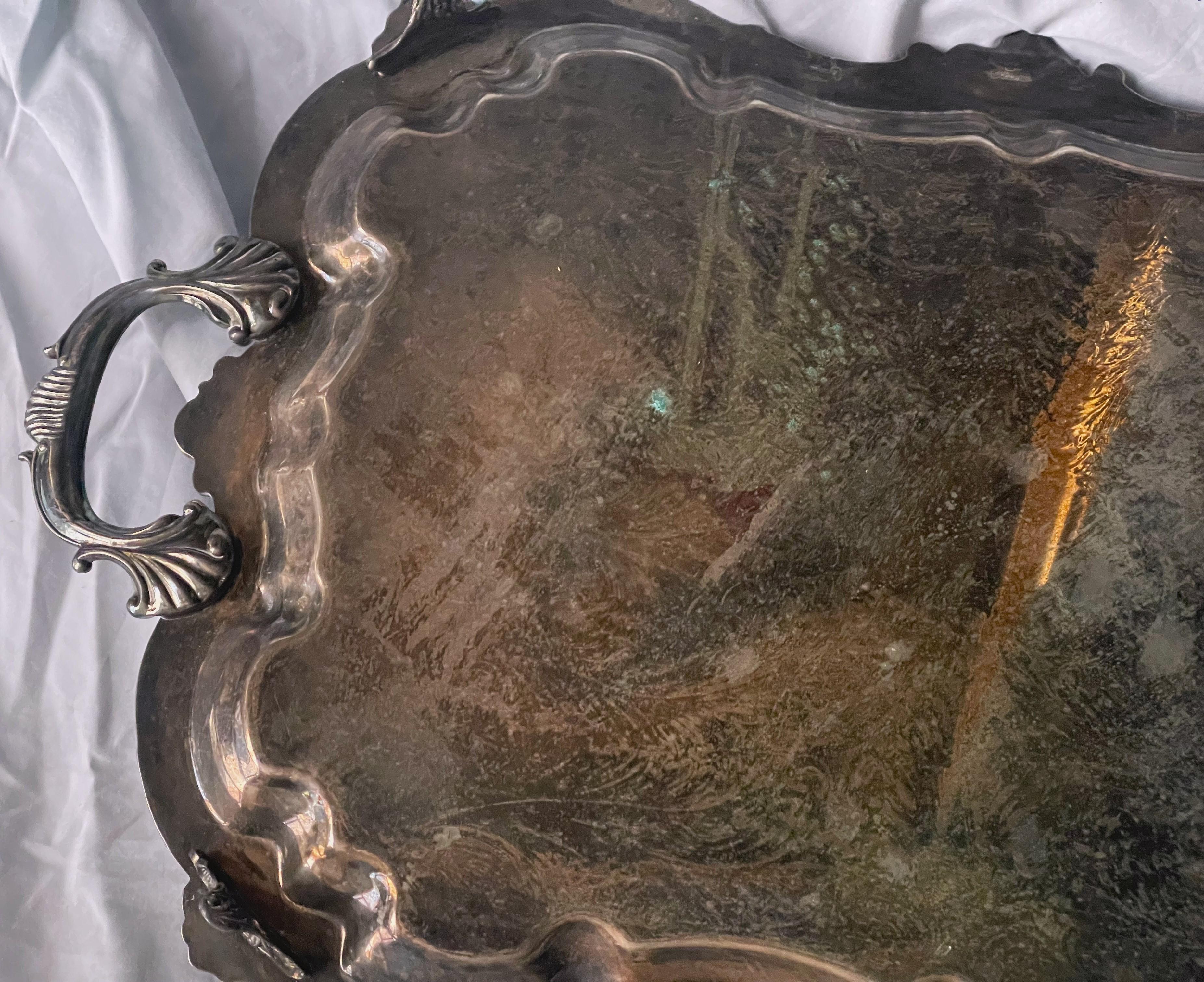 Birmingham Silver Co. Bandeja con pie y asa de plata grande Pérdida de chapado en venta 5