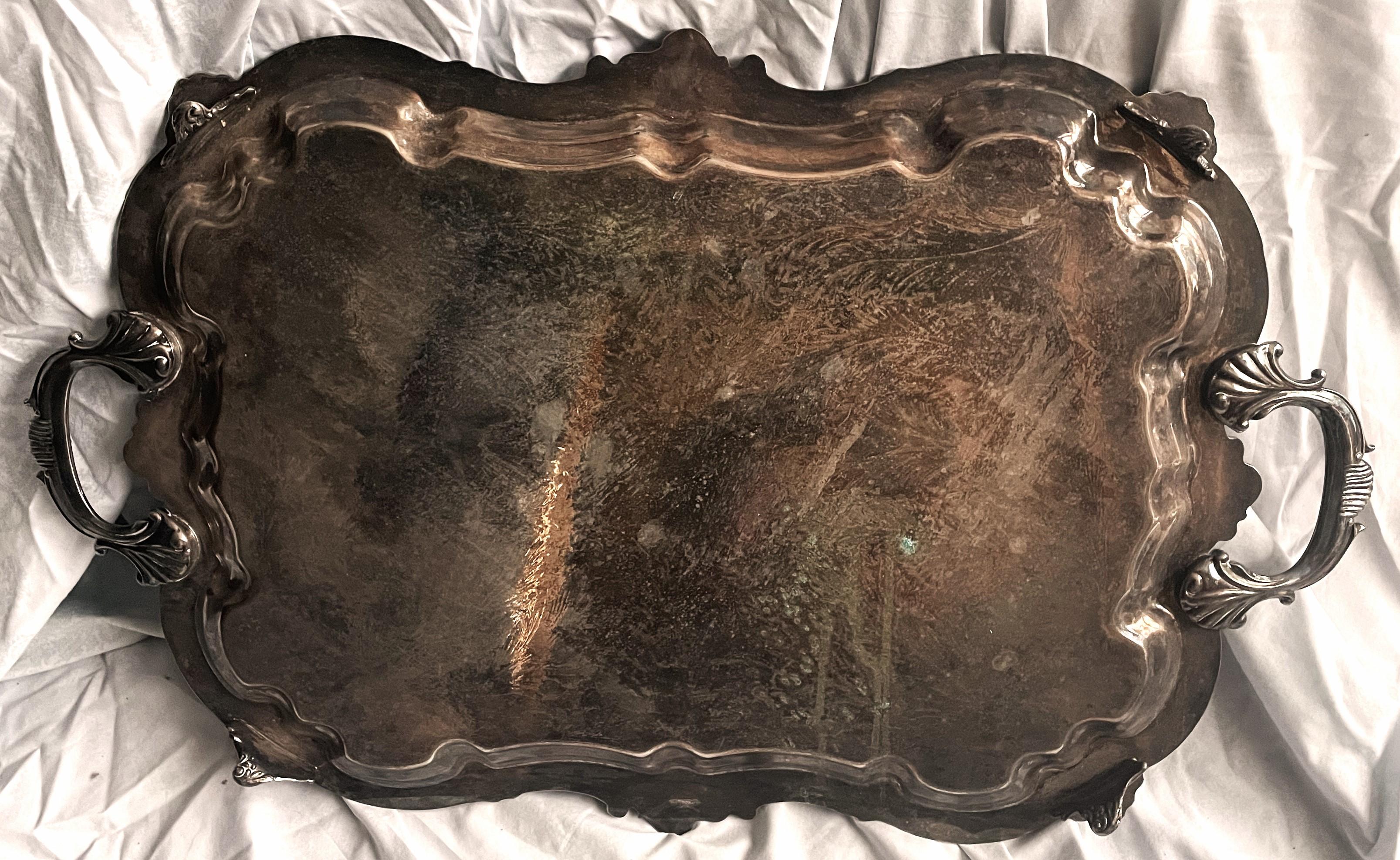 Birmingham Silver Co. Bandeja con pie y asa de plata grande Pérdida de chapado en venta 2