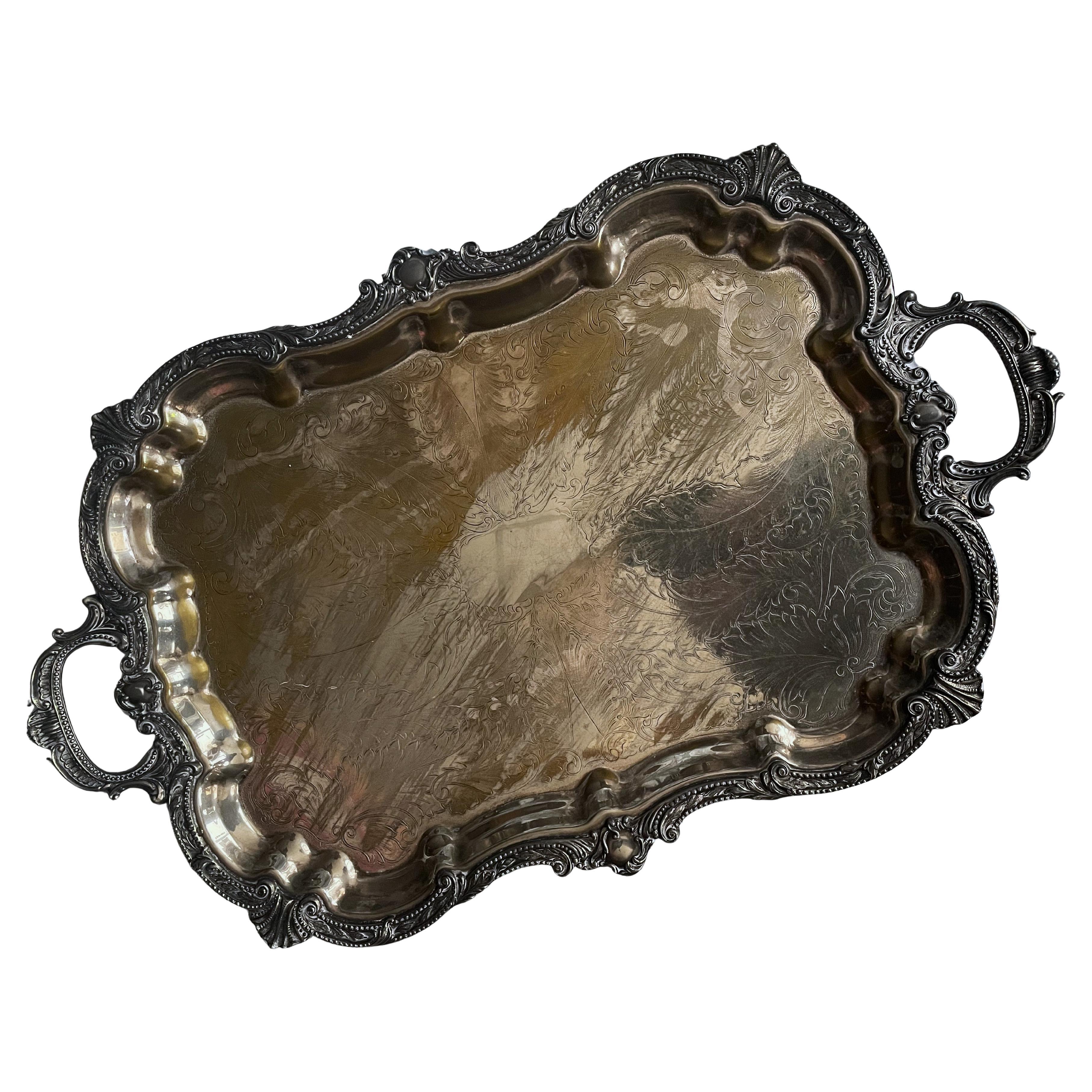Birmingham Silver Co. Bandeja con pie y asa de plata grande Pérdida de chapado