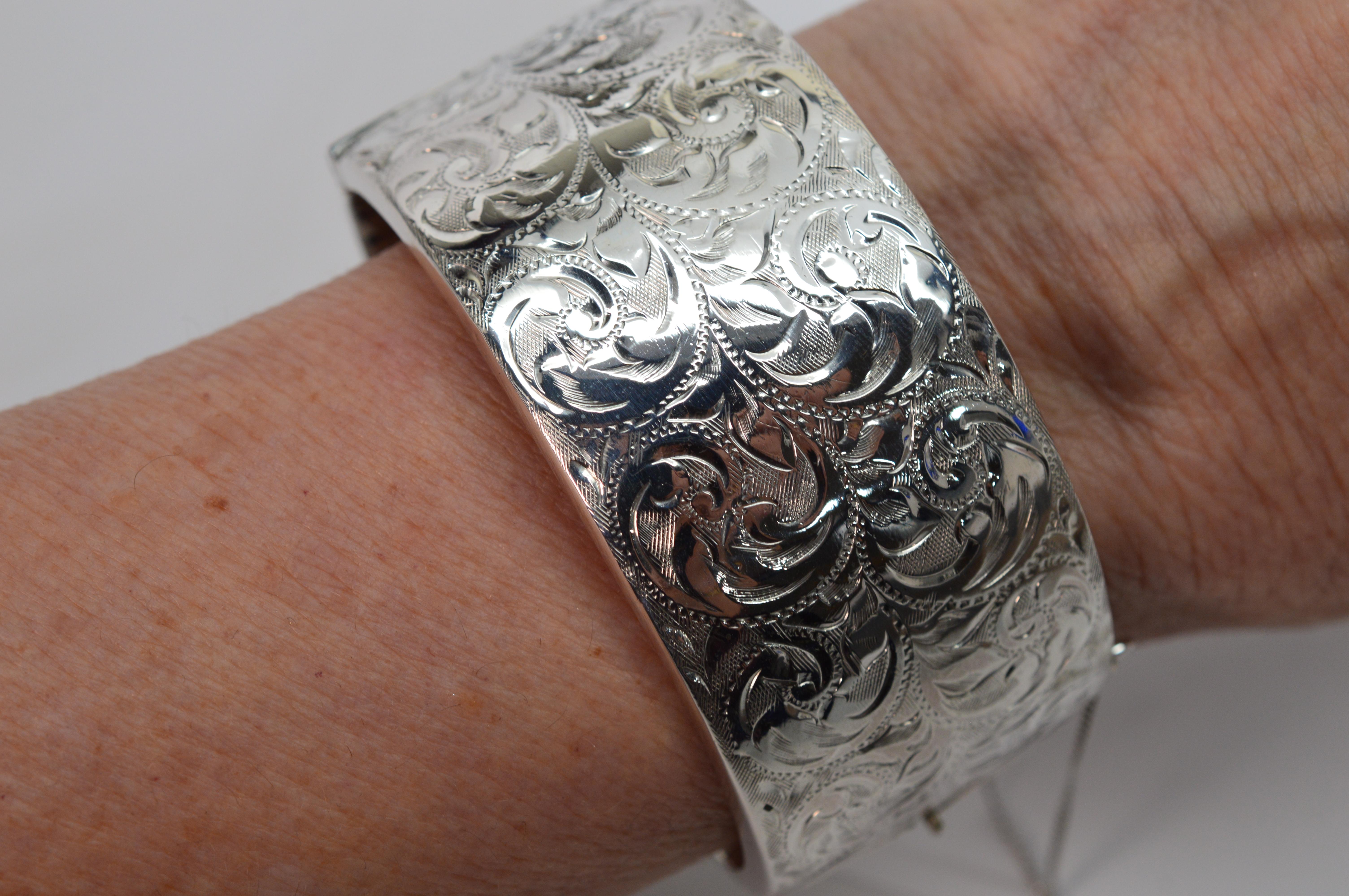 Birmingham Sterling Silver Engraved Wide Bangle Cuff Bracelet 7