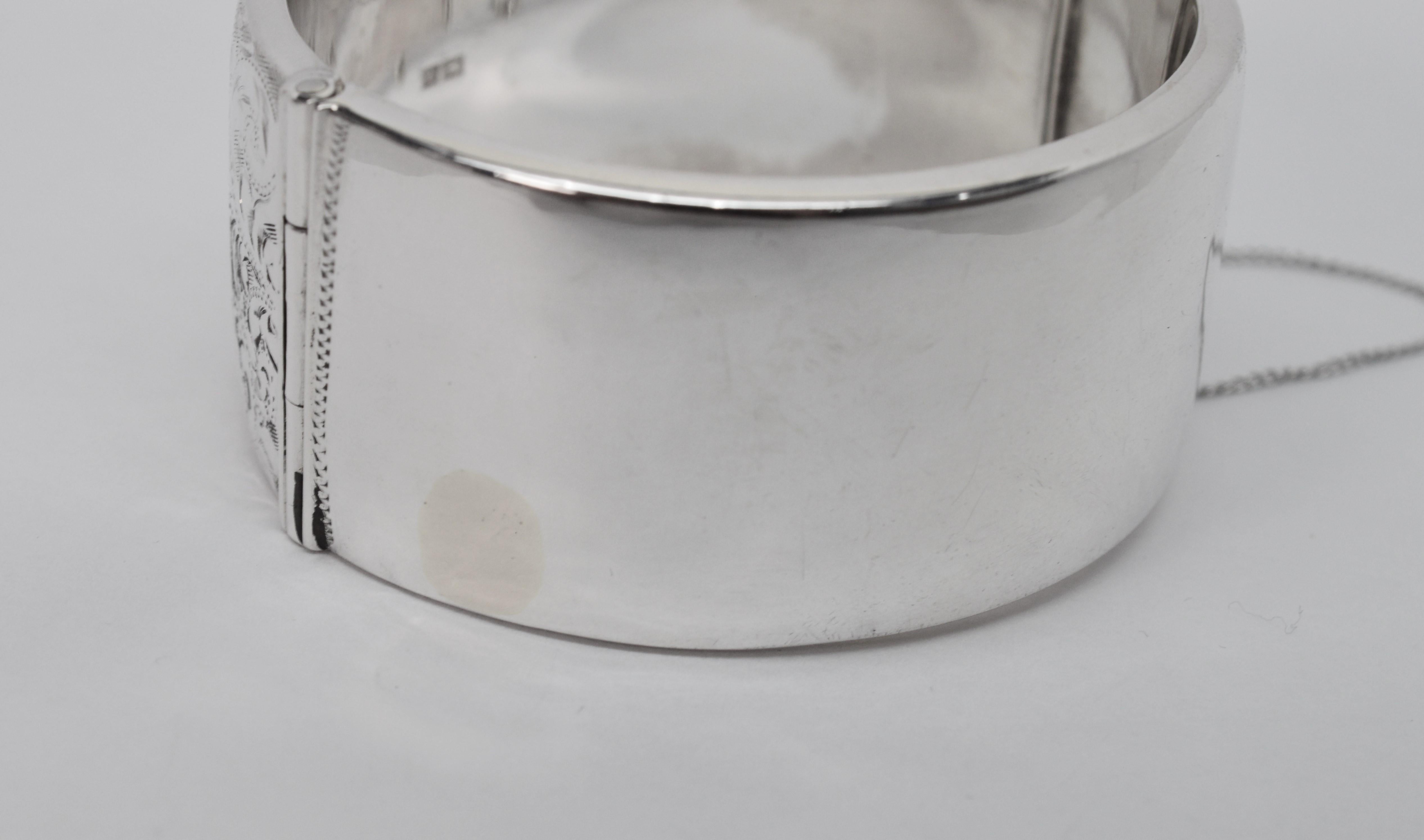 Birmingham Sterling Silver Engraved Wide Bangle Cuff Bracelet In Good Condition In Mount Kisco, NY